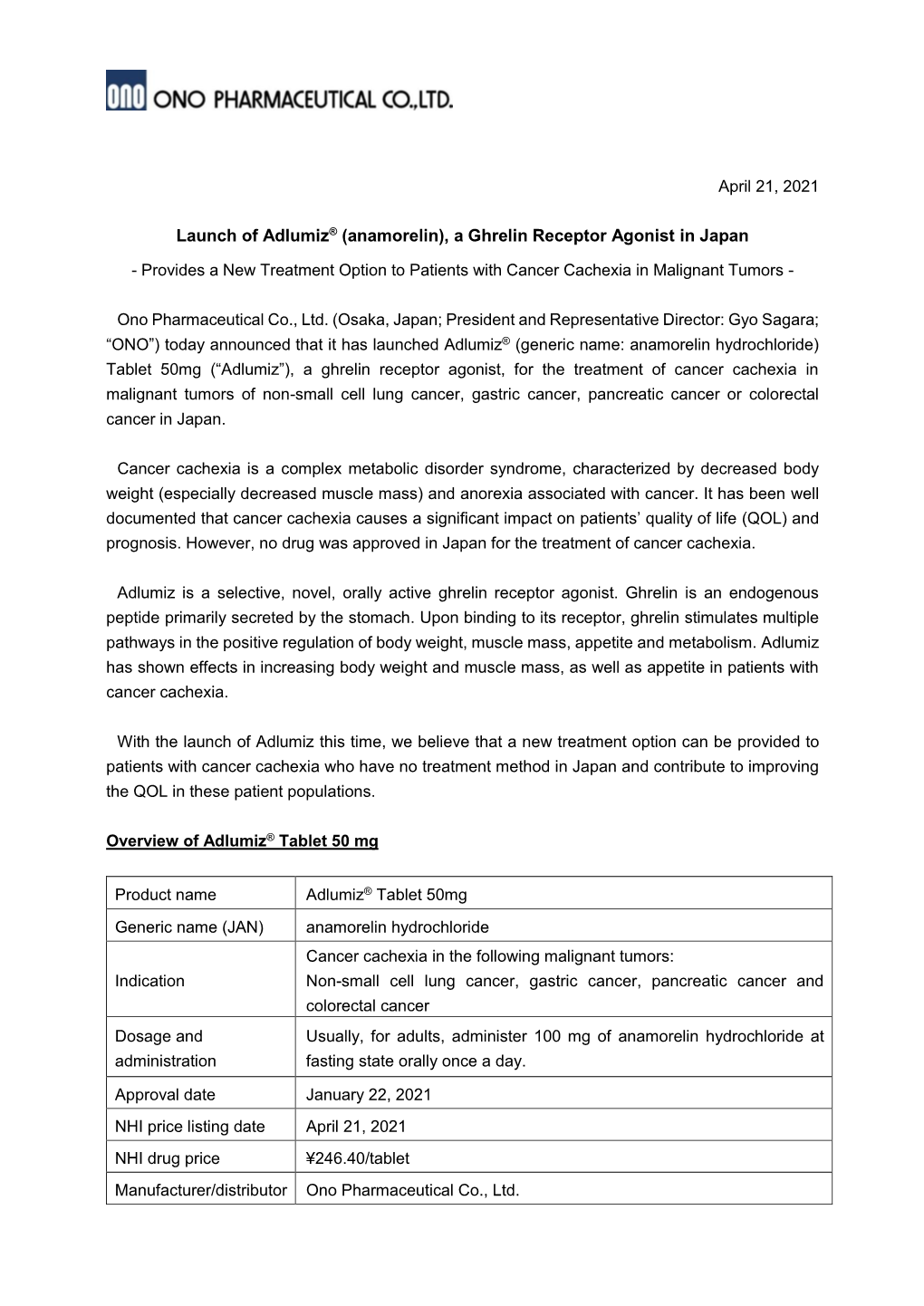 Launch of Adlumiz® (Anamorelin), a Ghrelin Receptor Agonist in Japan