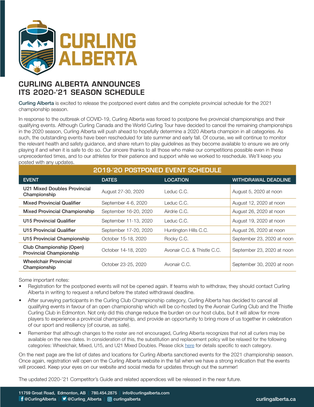 Curling Alberta Announces Its 2020-'21 Season Schedule