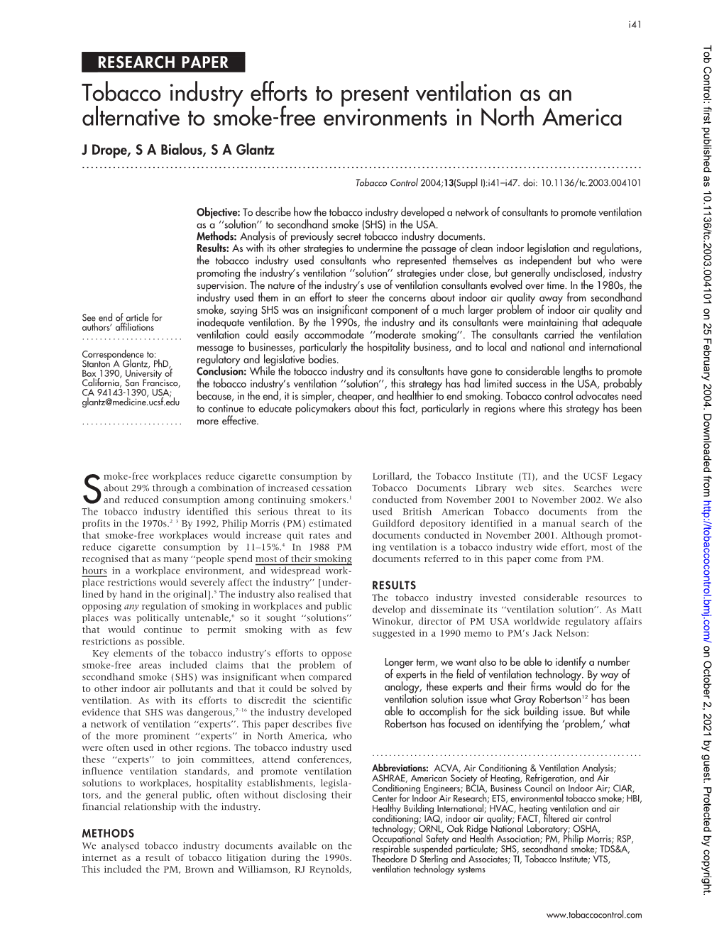 Tobacco Industry Efforts to Present Ventilation As an Alternative to Smoke-Free Environments in North America J Drope, S a Bialous, S a Glantz