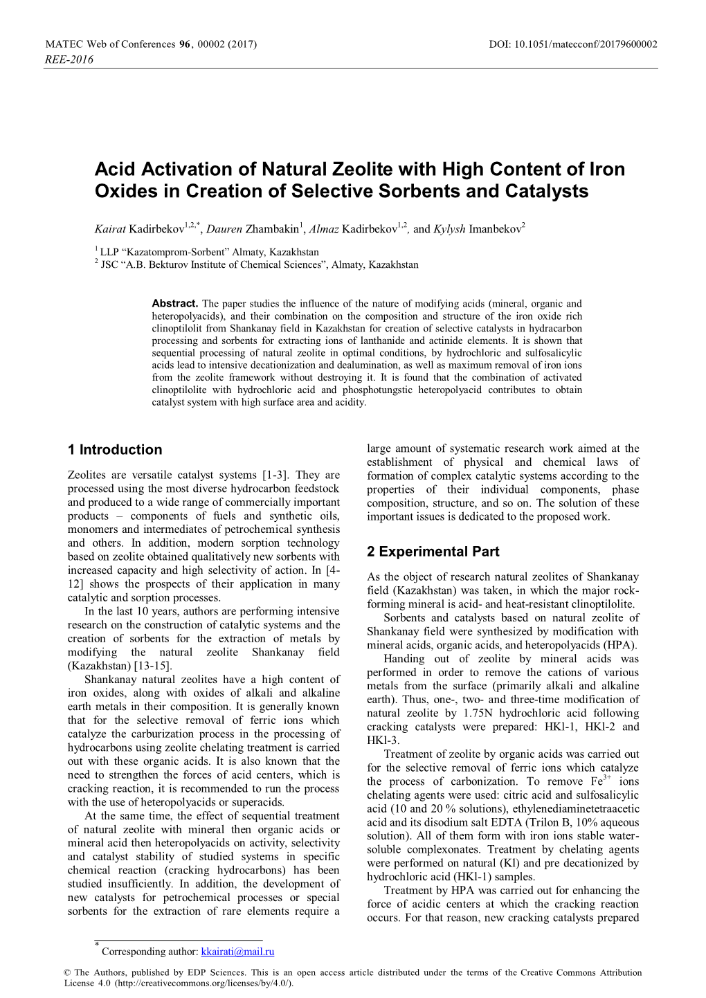Acid Activation of Natural Zeolite with High Content of Iron Oxides in Creation of Selective Sorbents and Catalysts