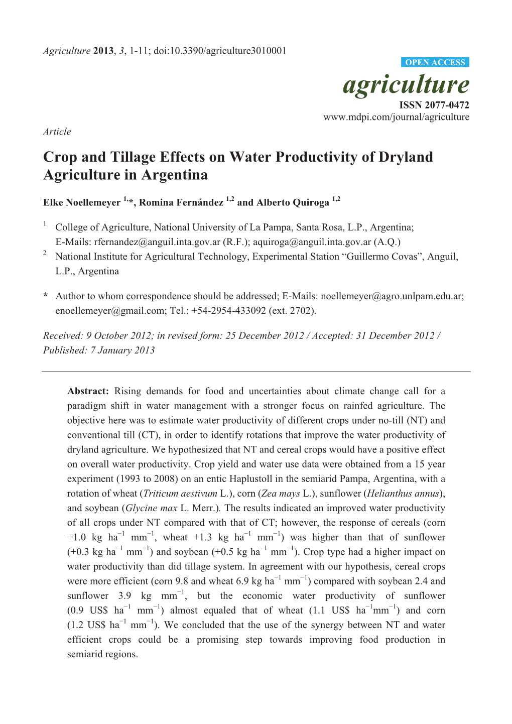 Crop and Tillage Effects on Water Productivity of Dryland Agriculture in Argentina