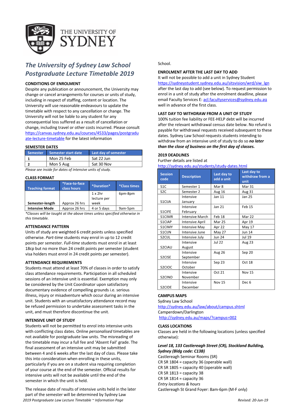 The University of Sydney Law School Postgraduate Lecture Timetable 2019