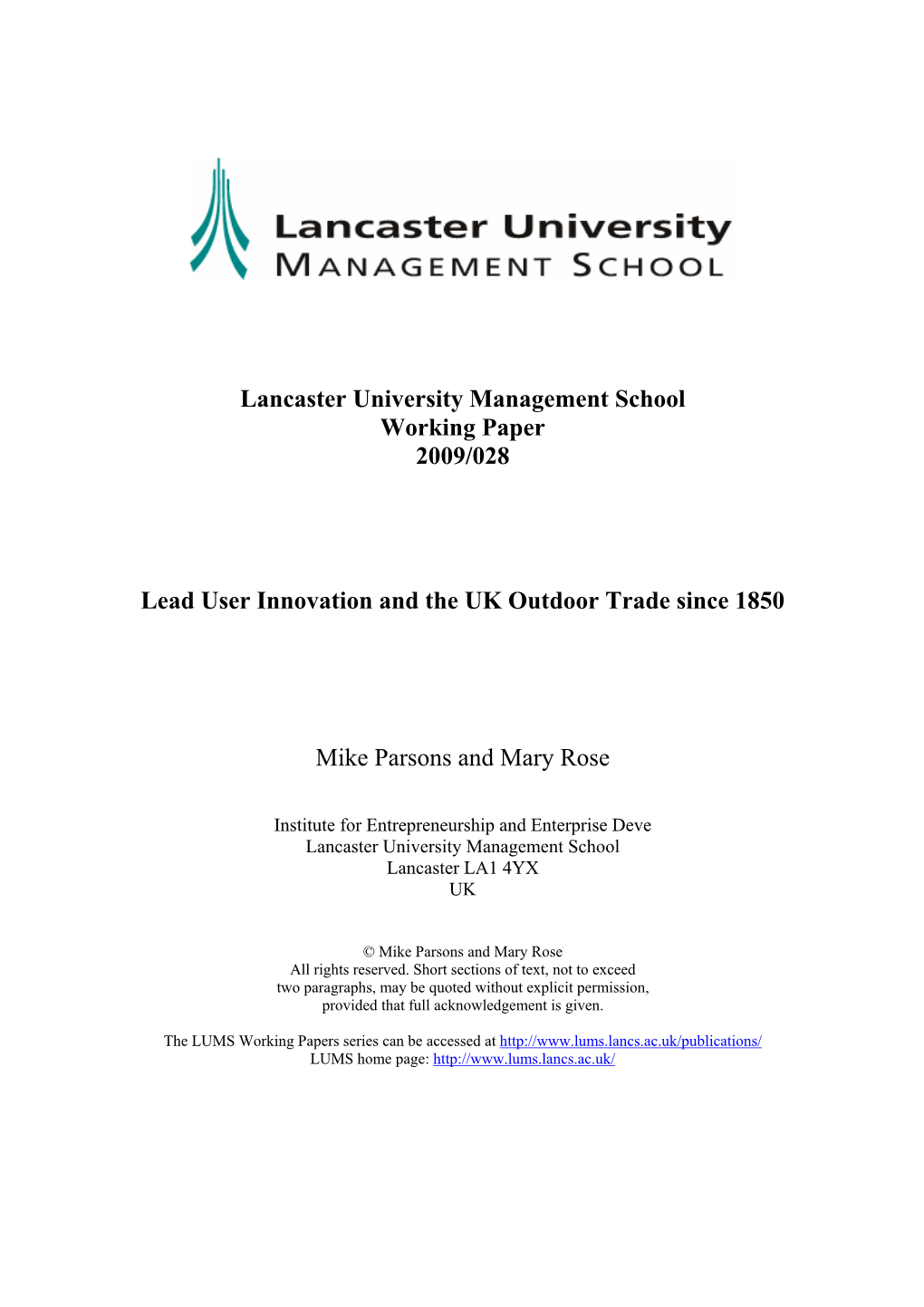 Lancaster University Management School Working Paper 2009/028