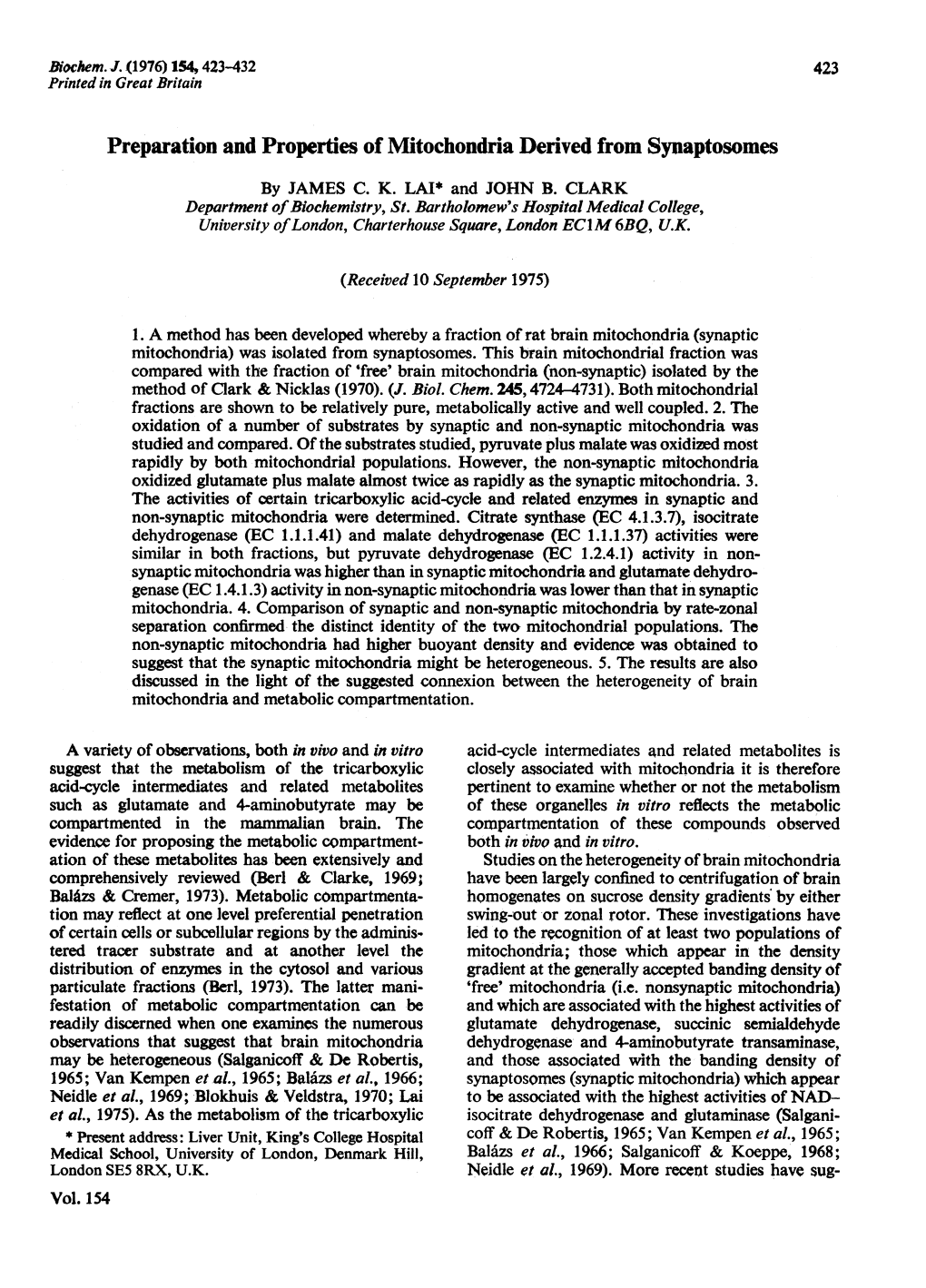 Preparation and Properties of Mitochondria Derived from Synaptosomes by JAMES C