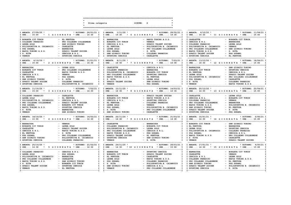 Prima Categoria GIRONE: D * * * ************************************************************************