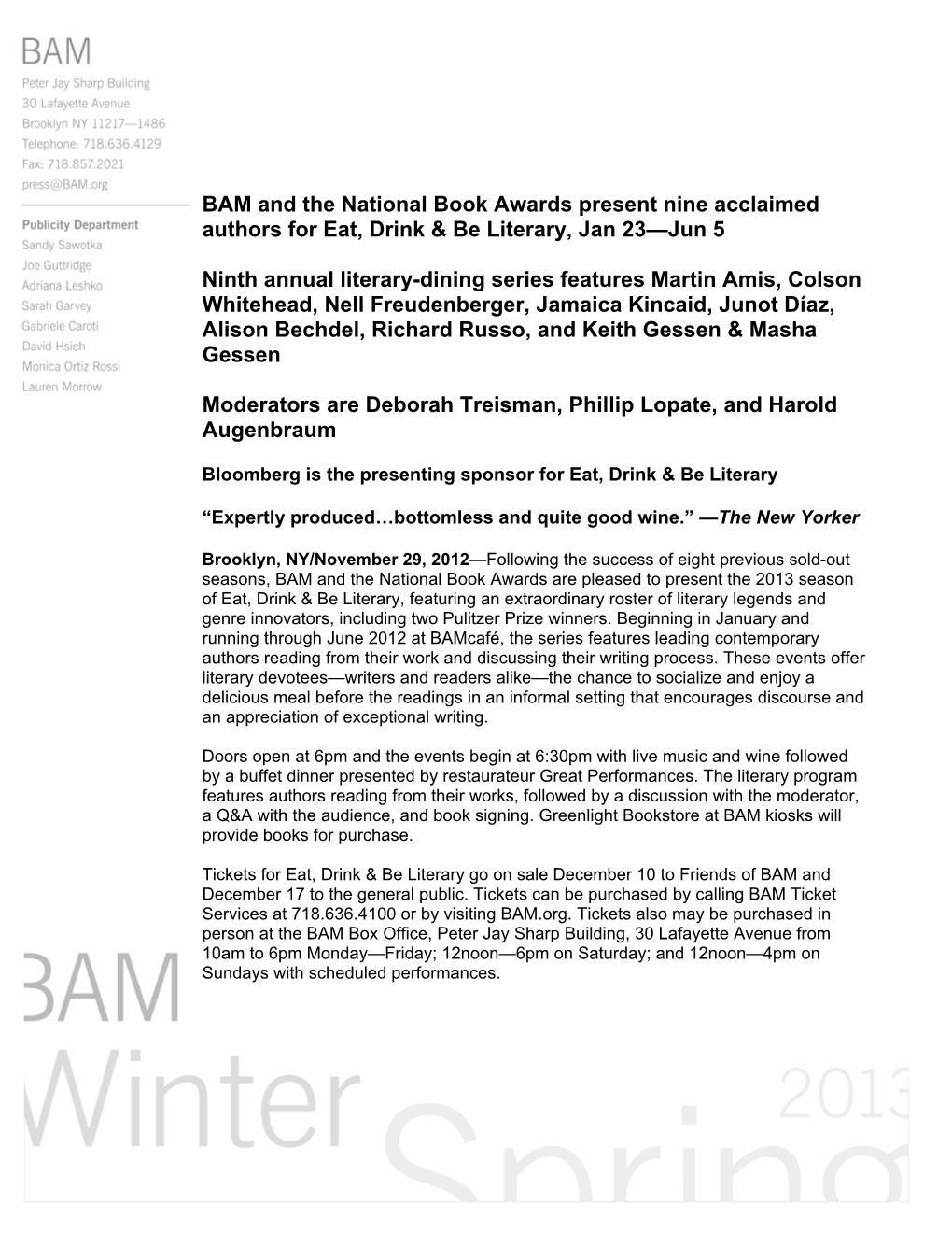 BAM and the National Book Awards Present Nine Acclaimed Authors for Eat, Drink & Be Literary, Jan 23—Jun 5