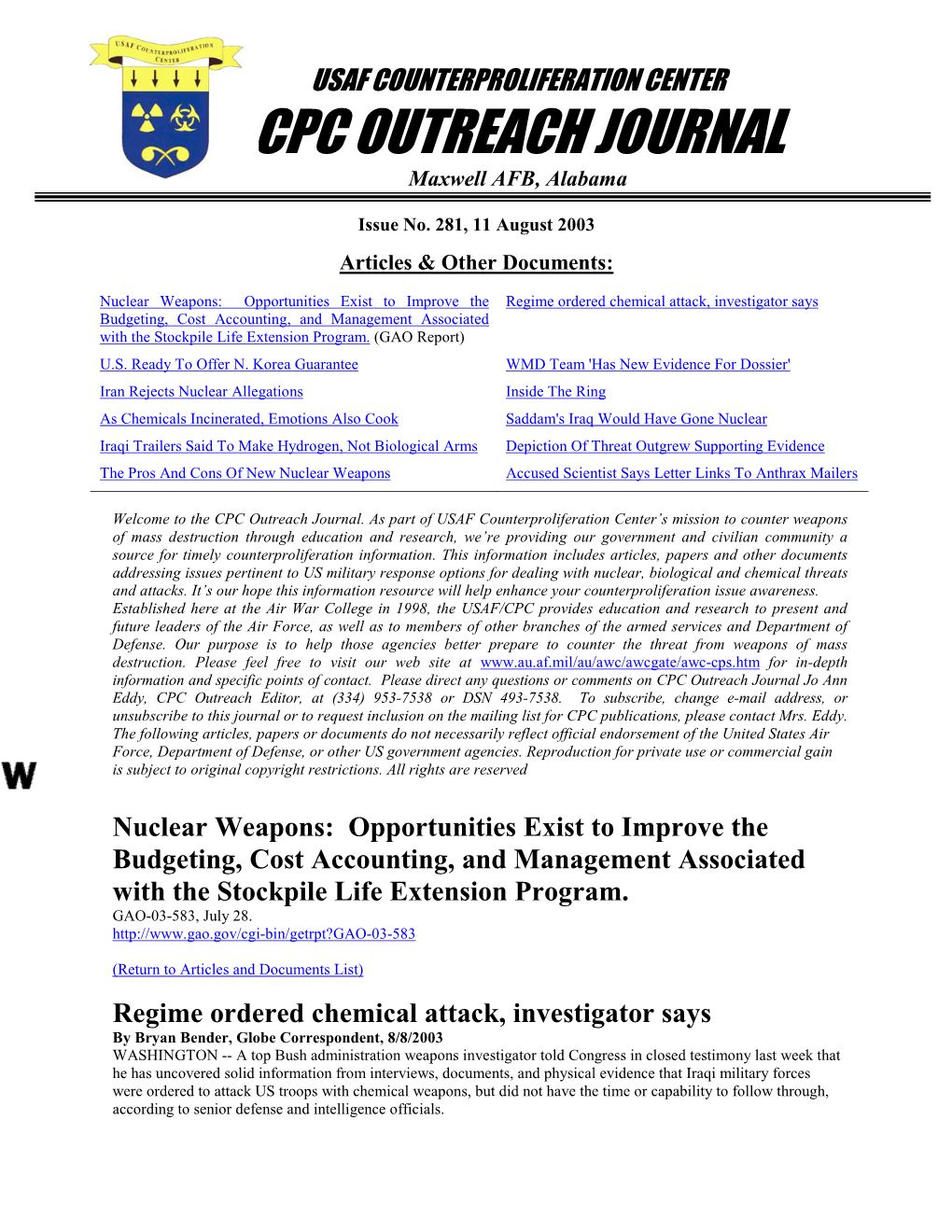 USAF Counterproliferation Center CPC Outreach Journal #281