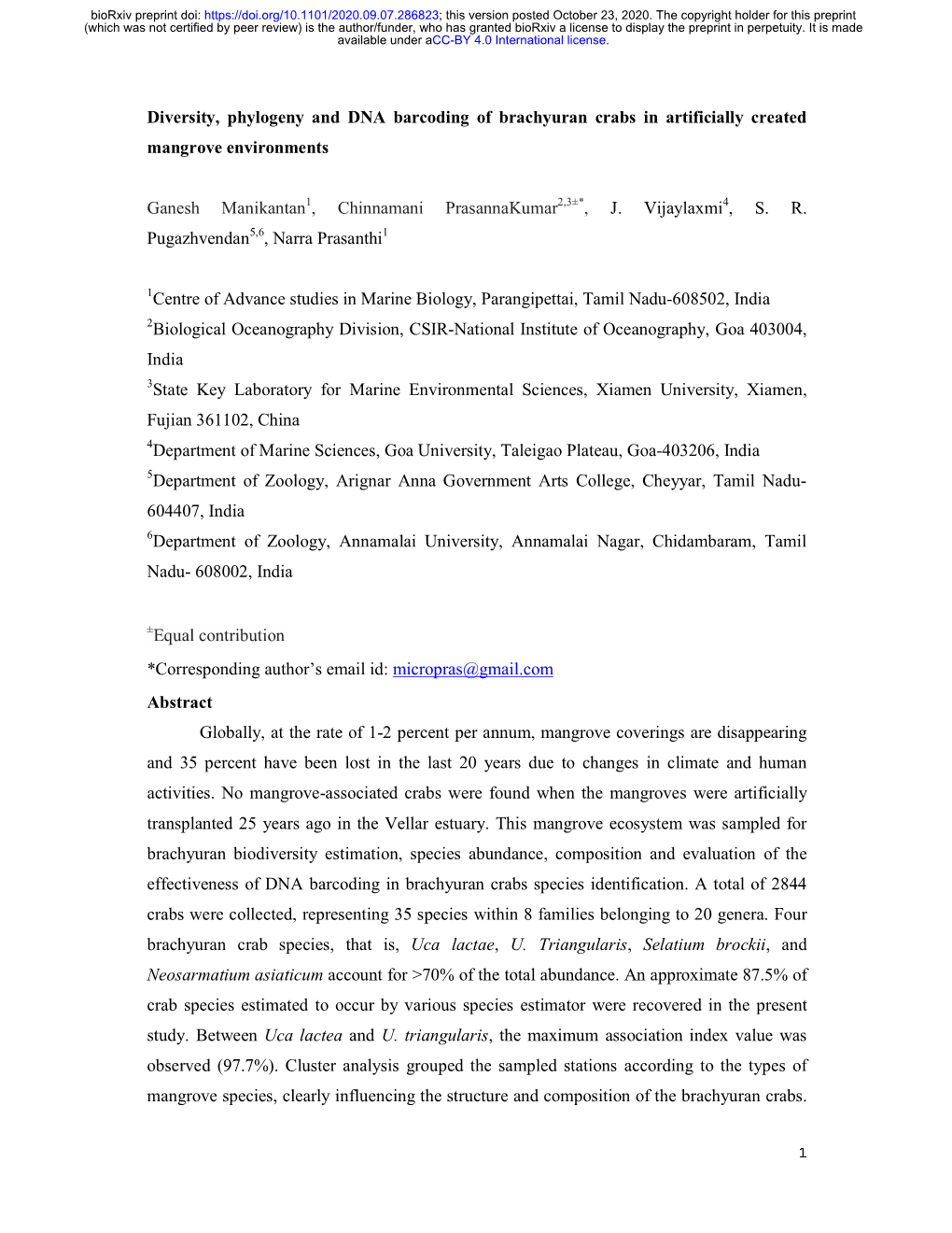 Diversity, Phylogeny and DNA Barcoding of Brachyuran Crabs in Artificially Created Mangrove Environments