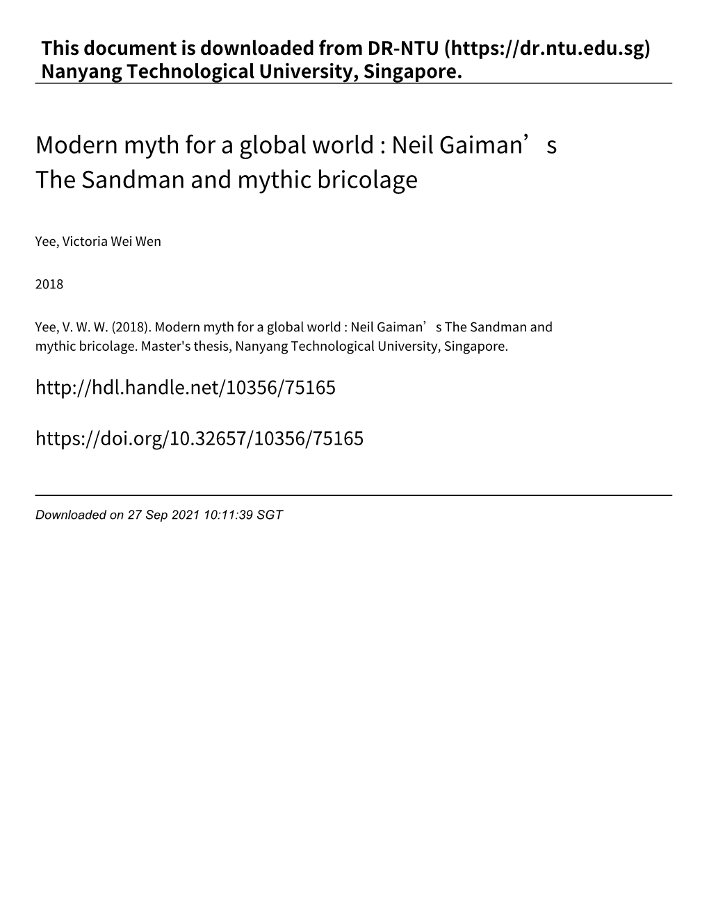 Modern Myth for a Global World : Neil Gaiman's the Sandman and Mythic