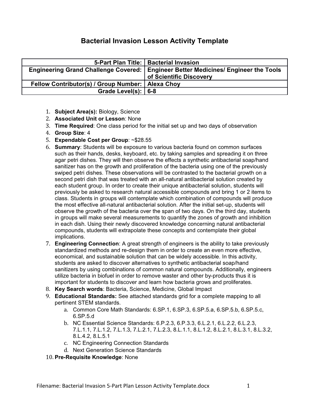 Bacterial Invasion Lesson Activity Template