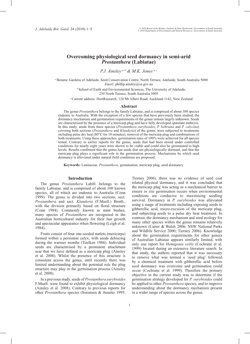 Overcoming Physiological Seed Dormancy in Semi-Arid Prostanthera (Labiatae) P.J