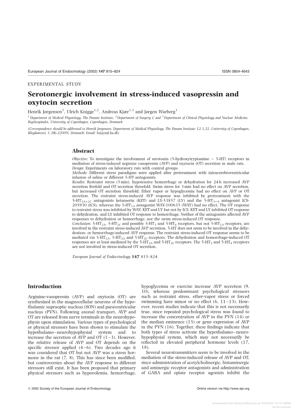 Serotonergic Involvement in Stress-Induced Vasopressin And