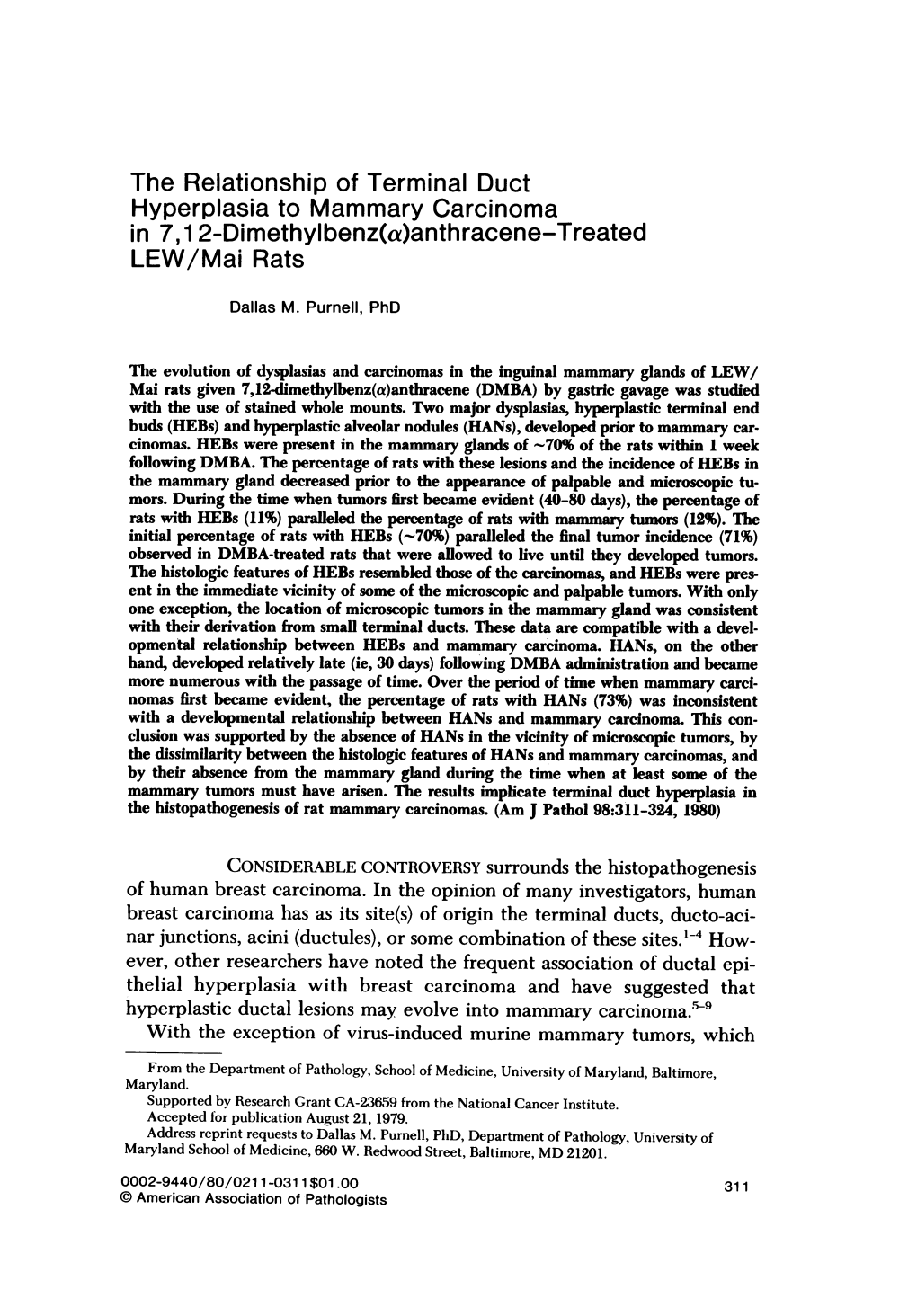 Hyperplasia to Mammary Carcinoma in 7,1 2-Dimethylbenz(A)Anthracene-Treated LEW/Mai Rats