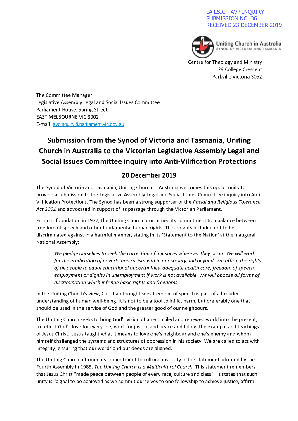Uniting Church in Australia to the Victorian Legislative Assembly Legal and Social Issues Committee Inquiry Into Anti-Vilification Protections 20 December 2019