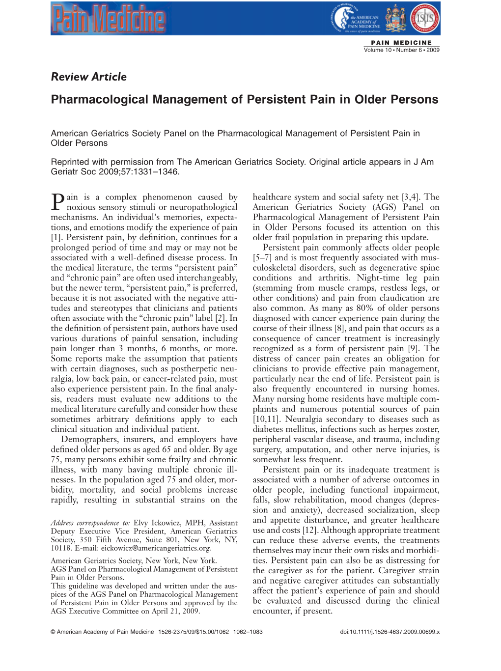 Pharmacological Management of Persistent Pain in Older Persons