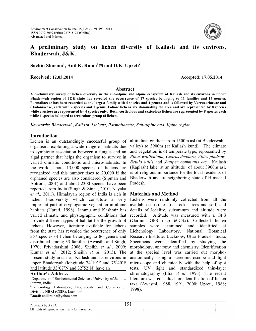 A Prel Bhader Liminary Rwah, J&K Study on K. N Lichen Diversity of Kaila Ash and Its Envir Rons