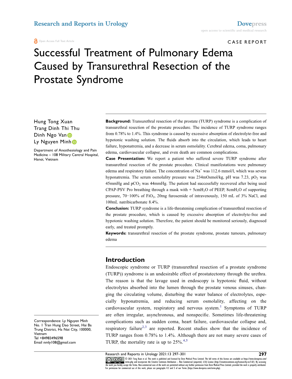 Successful Treatment of Pulmonary Edema Caused by Transurethral Resection of the Prostate Syndrome