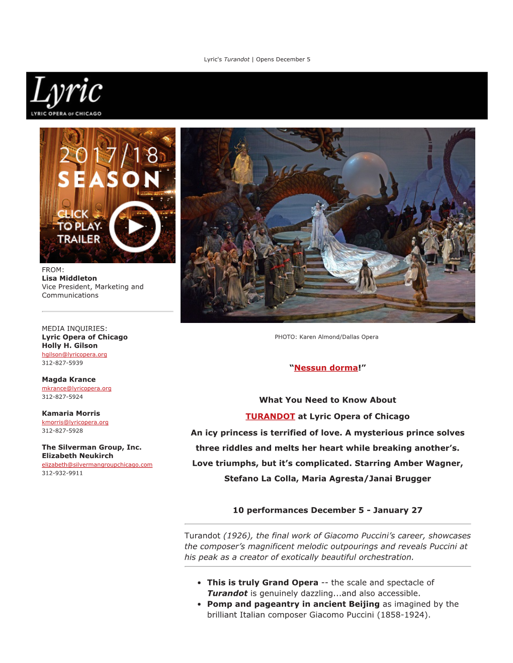 “Nessun Dorma!” What You Need to Know About TURANDOT at Lyric Opera of Chicago an Icy Princess Is Terrified of Love. a Myste