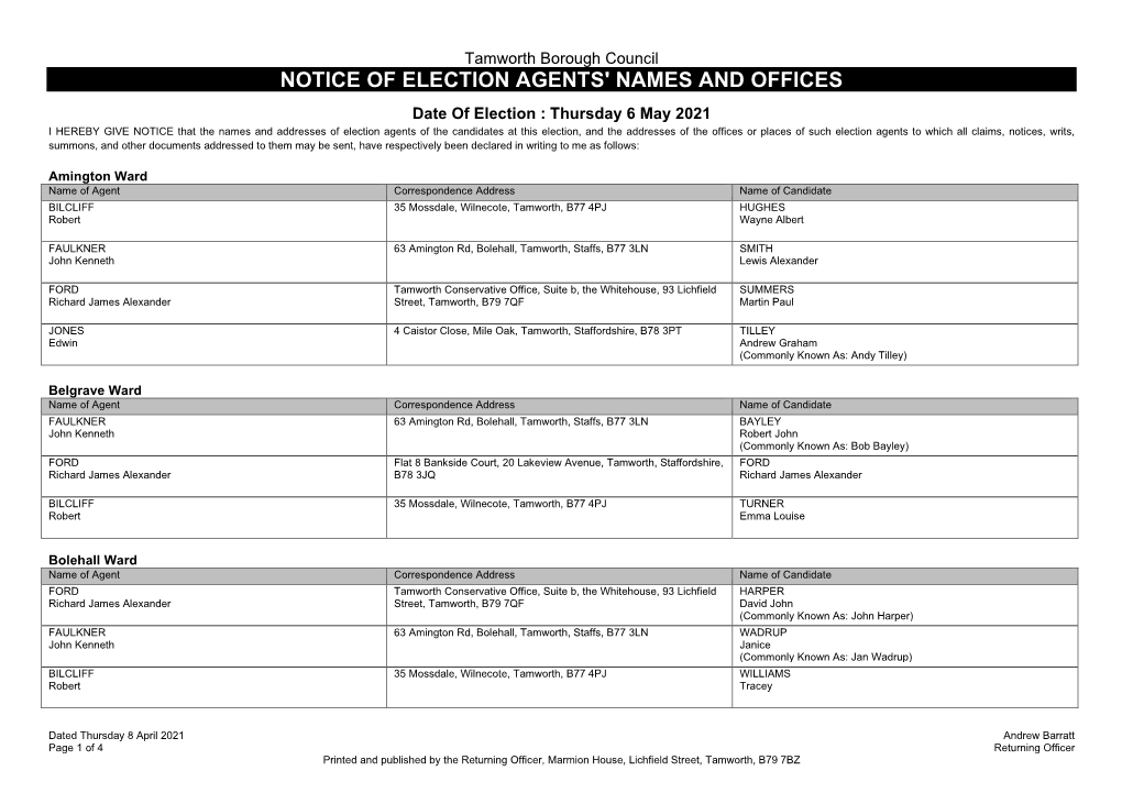 Notice of Election Agents' Names and Offices