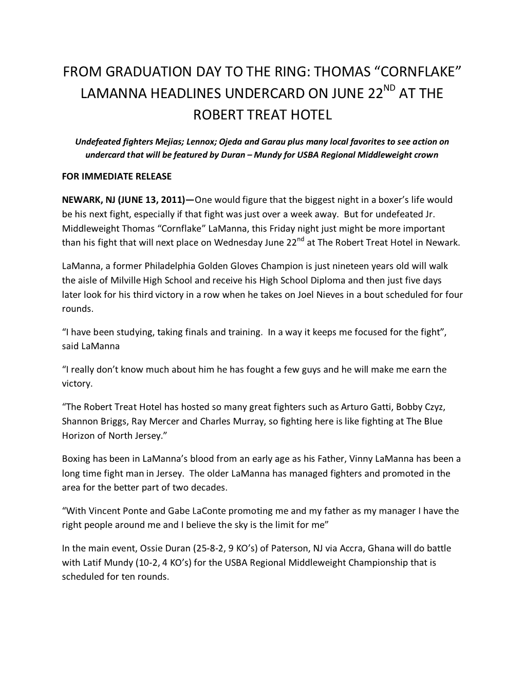 Thomas “Cornflake” Lamanna Headlines Undercard on June 22Nd at the Robert Treat Hotel