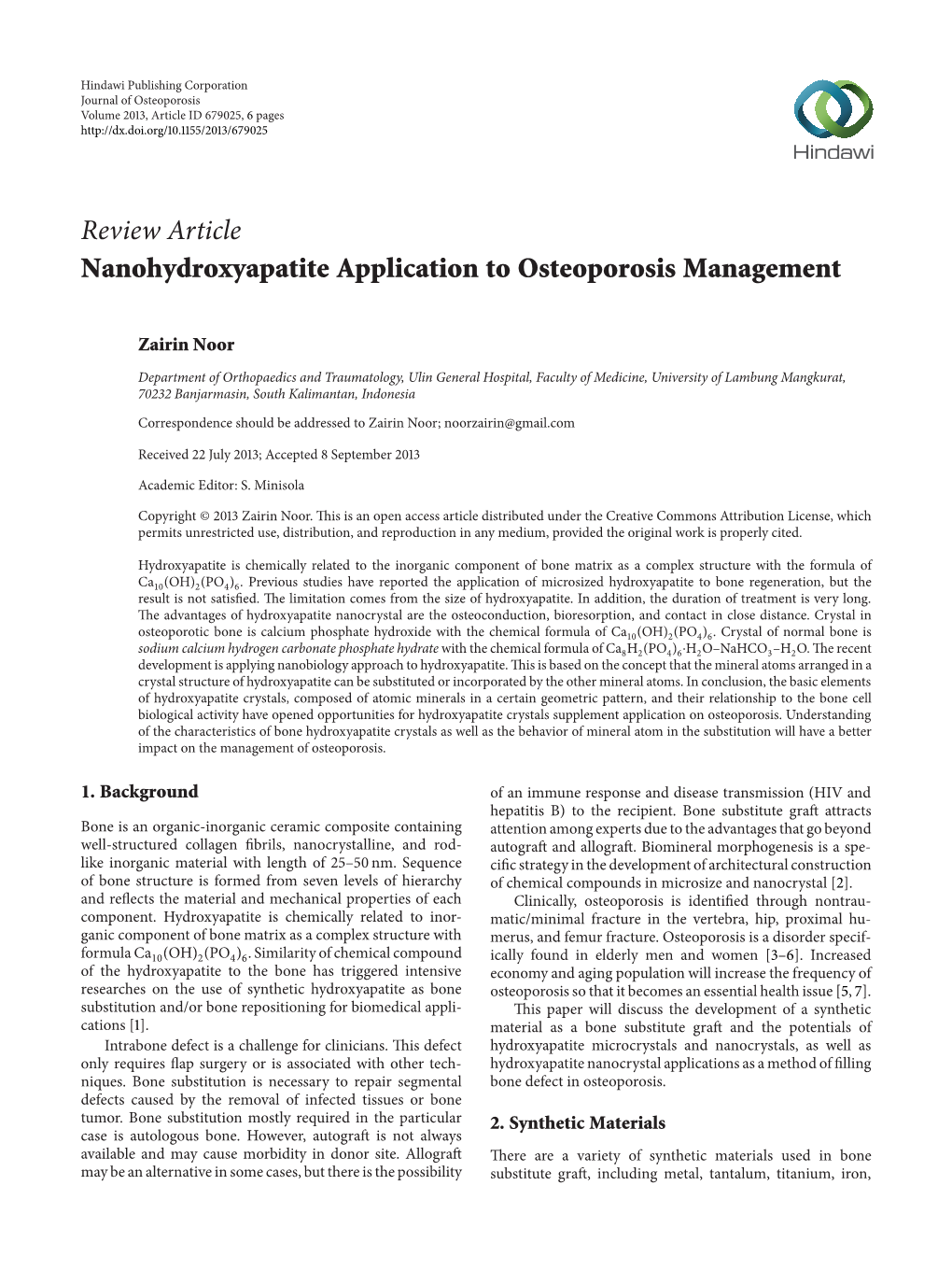Review Article Nanohydroxyapatite Application to Osteoporosis Management