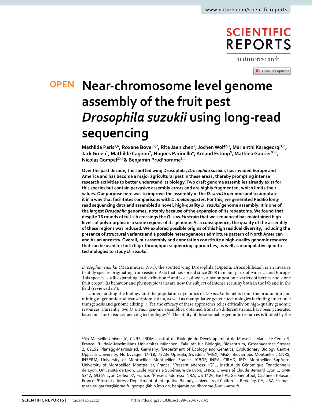 Near-Chromosome Level Genome Assembly of the Fruit Pest Drosophila Suzukii Using Long-Read Sequencing