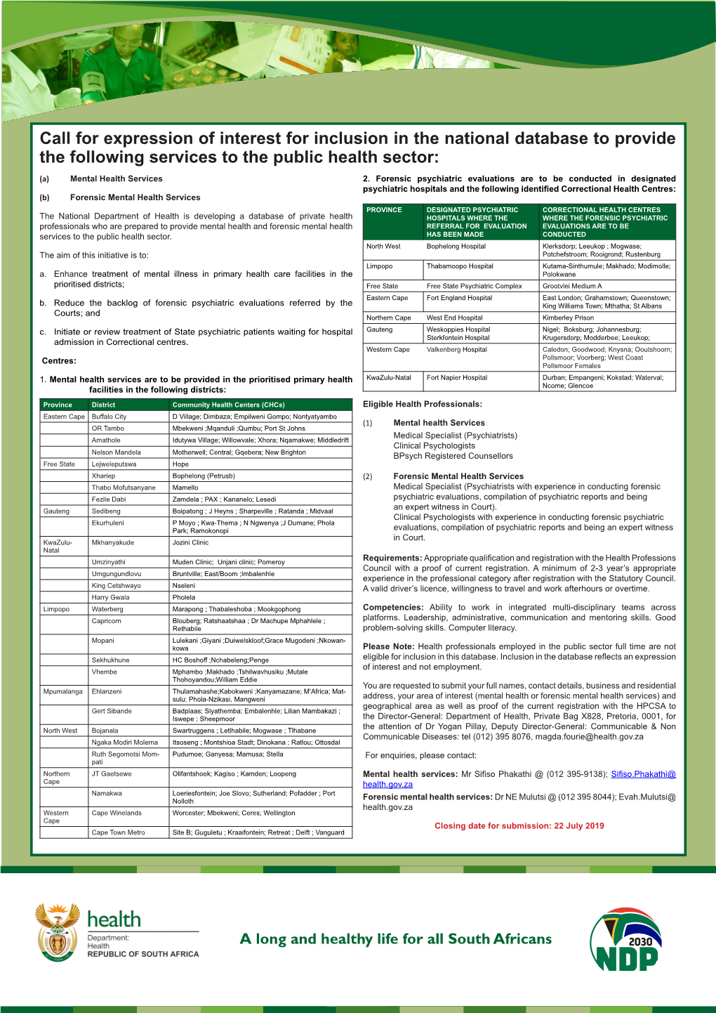 Call for Expression of Interest for Inclusion in the National Database to Provide the Following Services to the Public Health Sector: (A) Mental Health Services 2