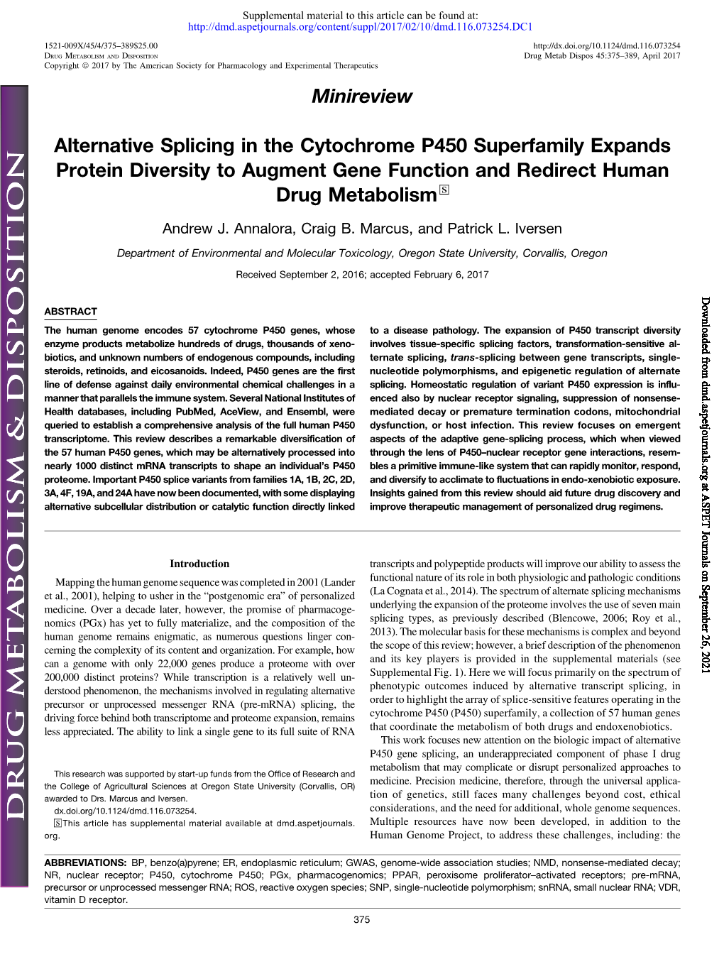 Alternative Splicing in the Cytochrome P450 Superfamily Expands Protein Diversity to Augment Gene Function and Redirect Human Drug Metabolism S