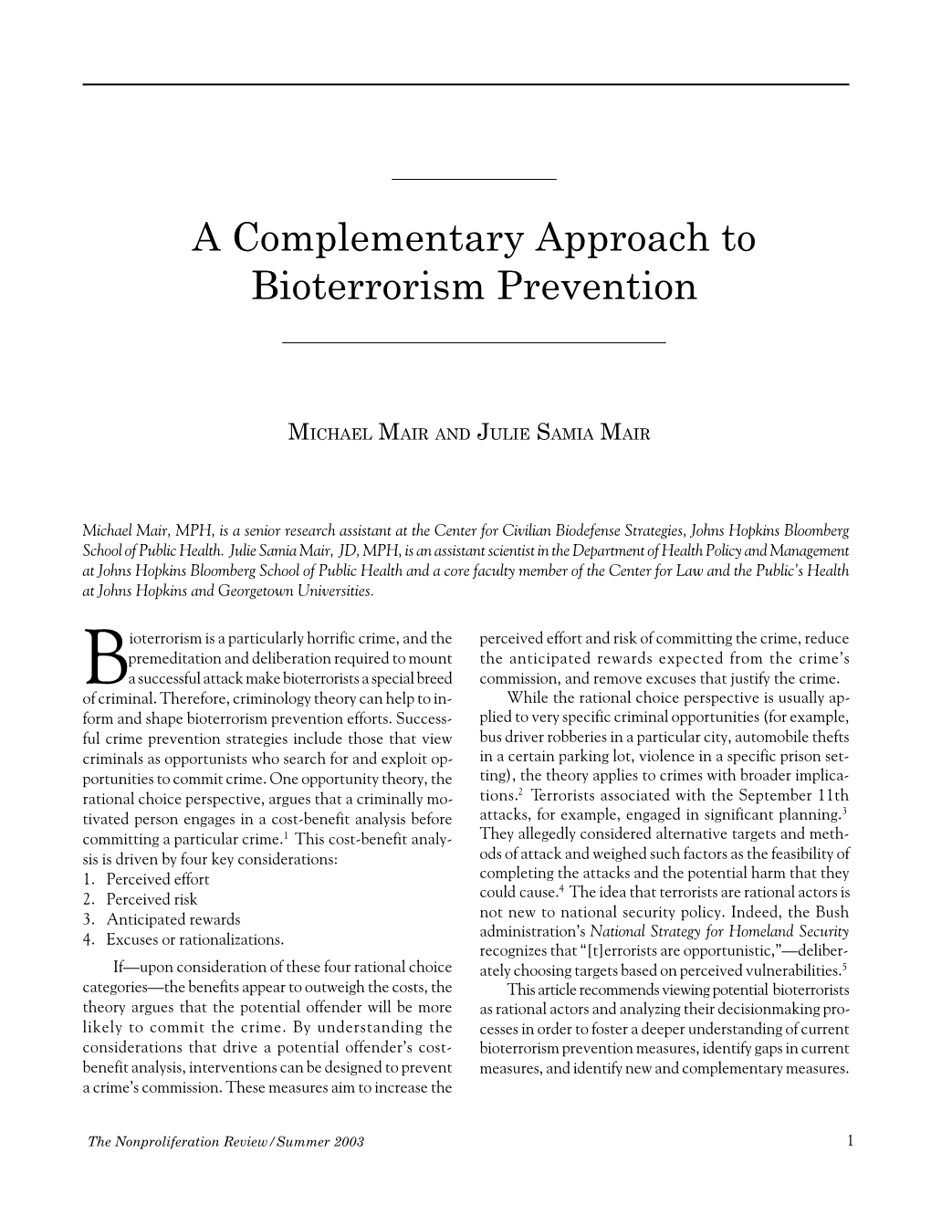 NPR10.2: a Complementary Approach to Bioterrorism Prevention