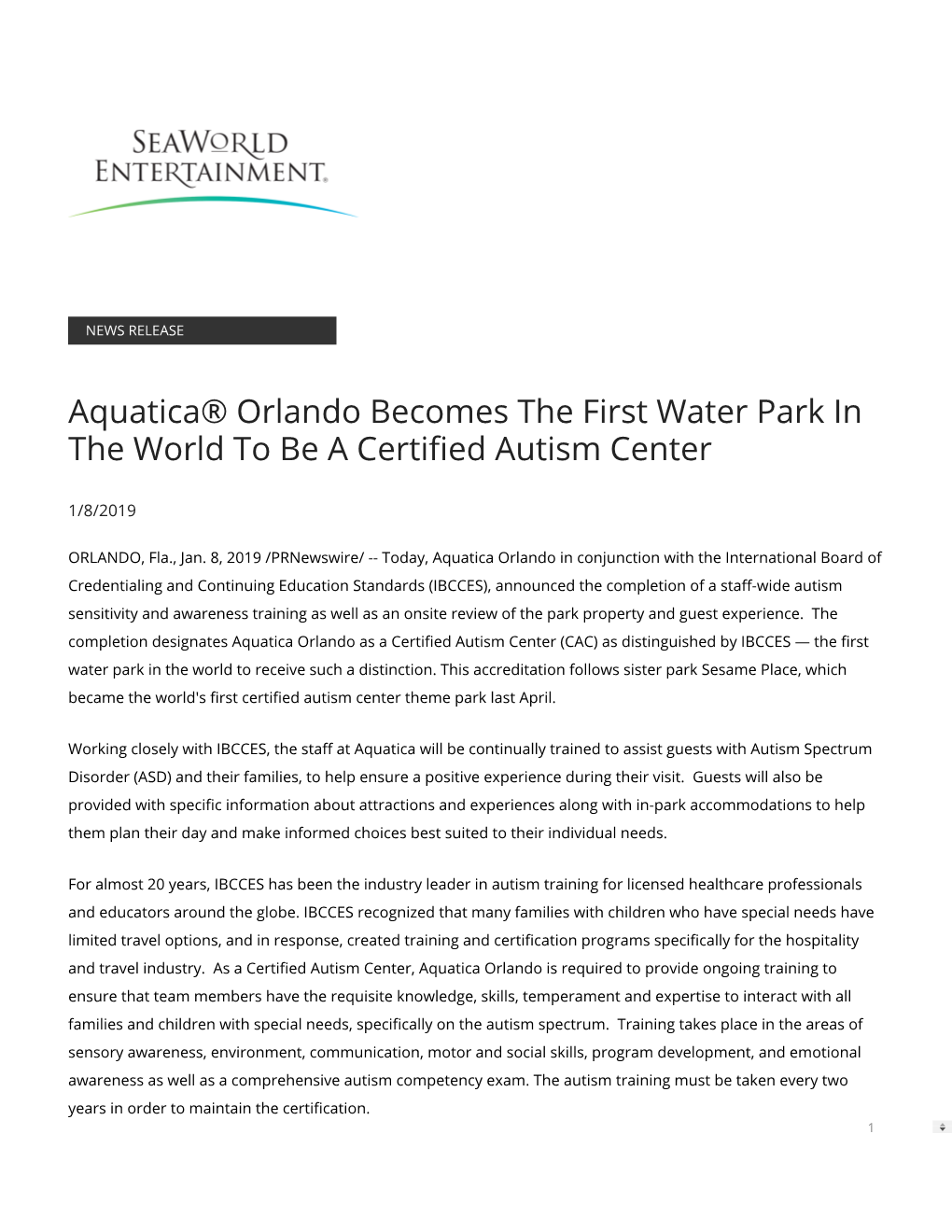Aquatica® Orlando Becomes the First Water Park in the World to Be a Certi�Ed Autism Center
