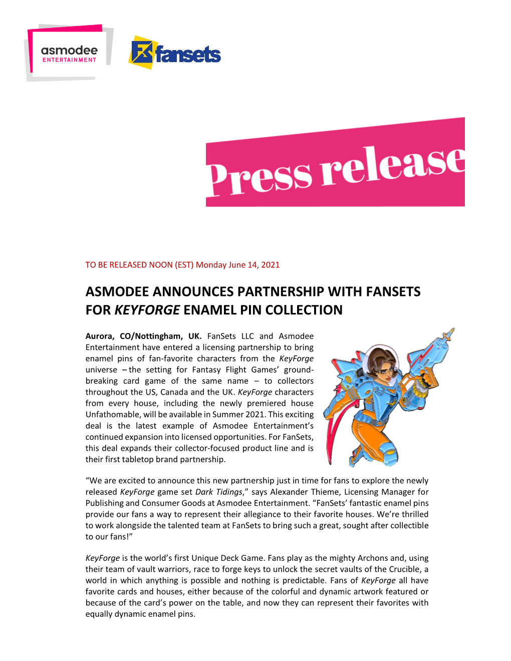 Asmodee Announces Partnership with Fansets for Keyforge Enamel Pin Collection
