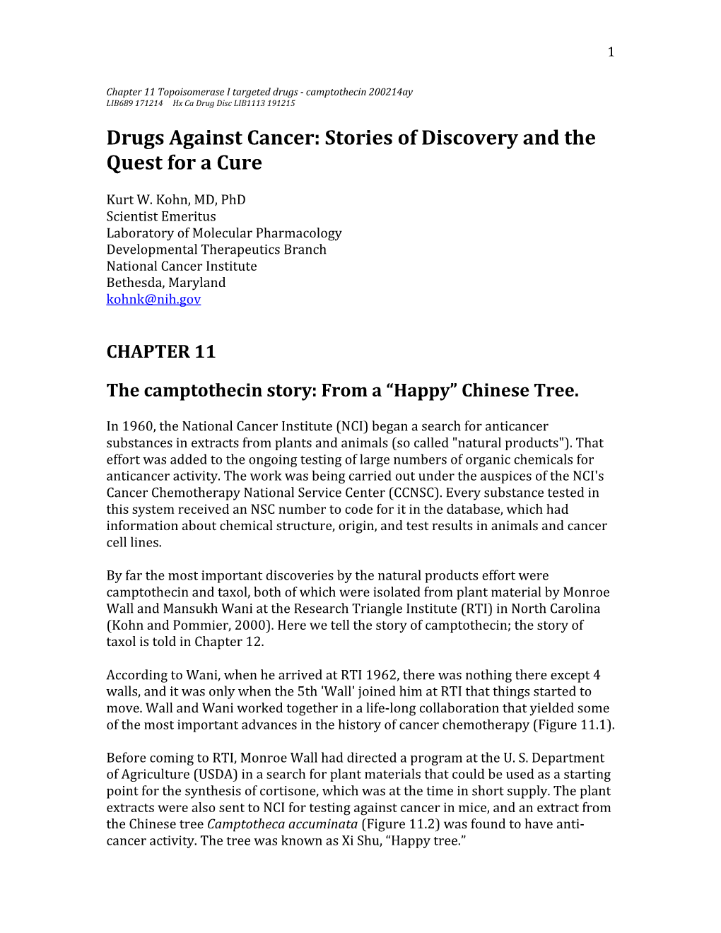 Drugs Against Cancer: Stories of Discovery and the Quest for a Cure