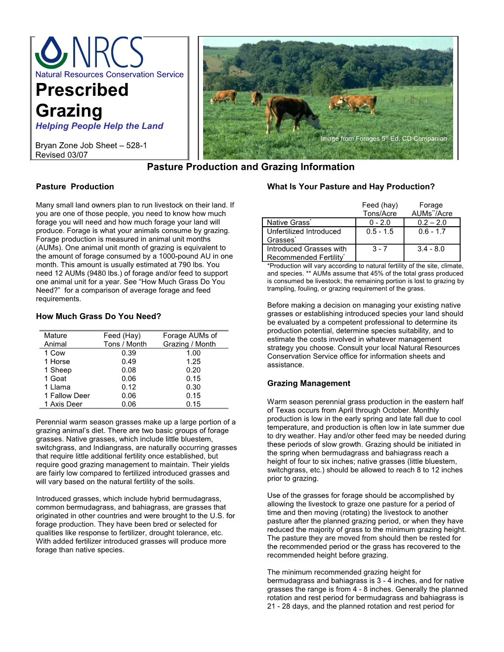 Pasture Production and Grazing Information