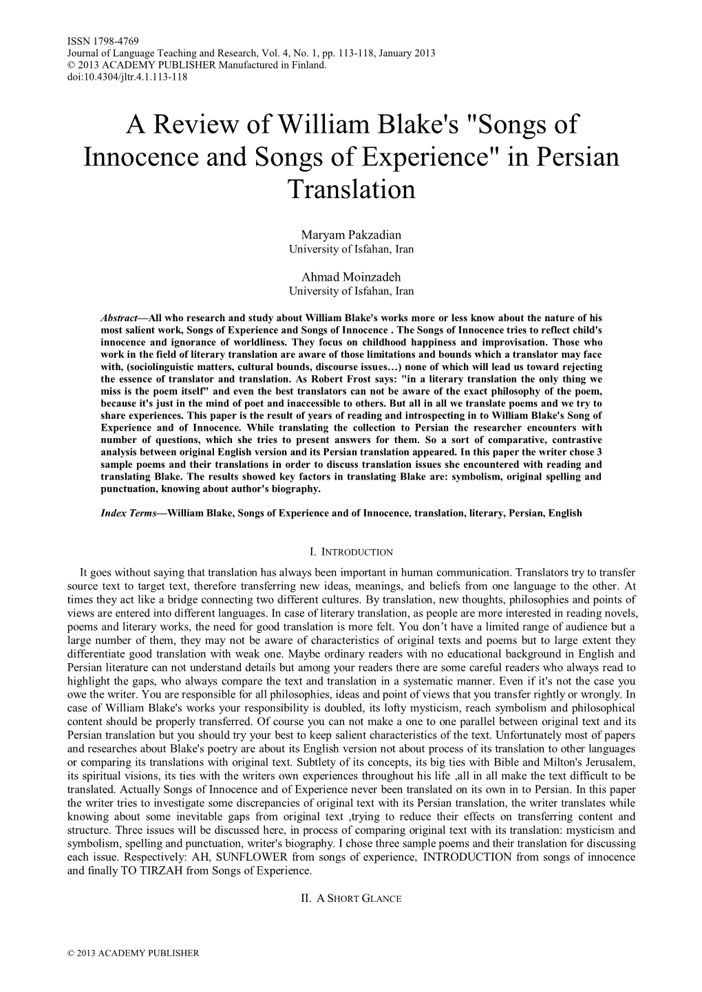 "Songs of Innocence and Songs of Experience" in Persian Translation