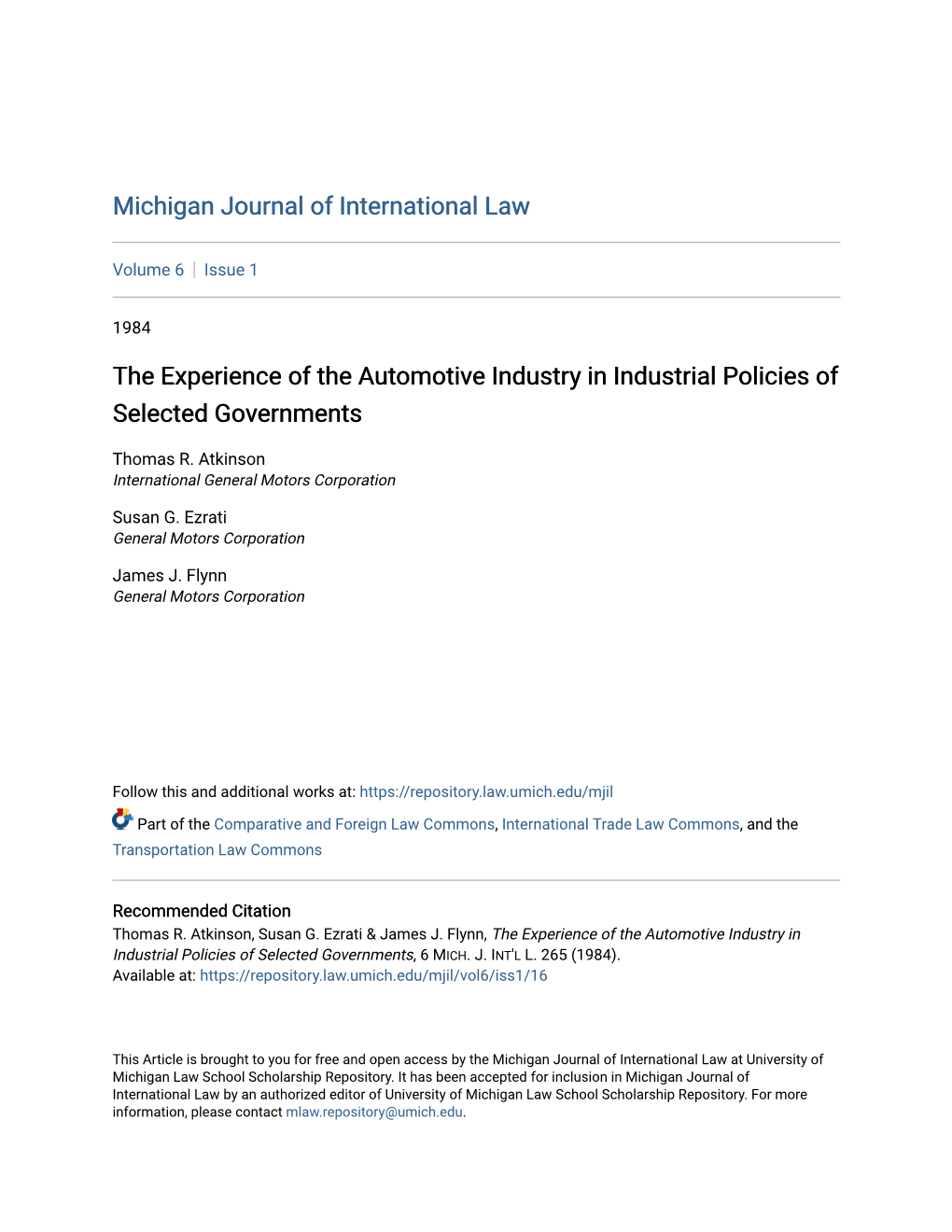 The Experience of the Automotive Industry in Industrial Policies of Selected Governments