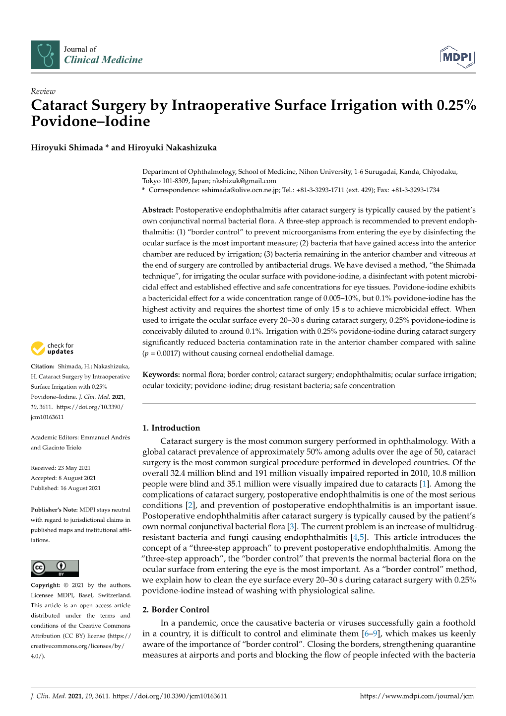 Cataract Surgery by Intraoperative Surface Irrigation with 0.25% Povidone–Iodine