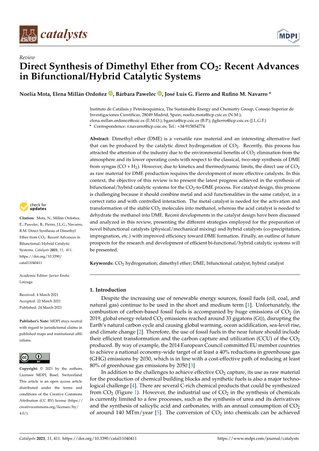 Direct Synthesis of Dimethyl Ether from CO2: Recent Advances in Bifunctional/Hybrid Catalytic Systems