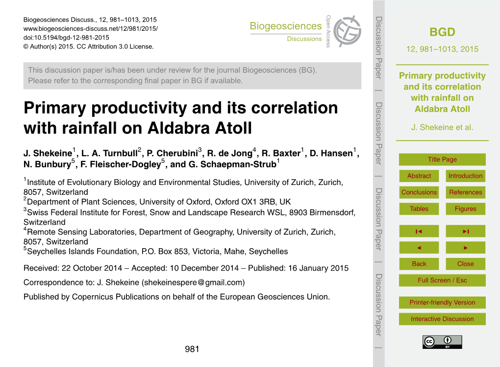 Primary Productivity and Its Correlation with Rainfall on Aldabra Atoll Table 1