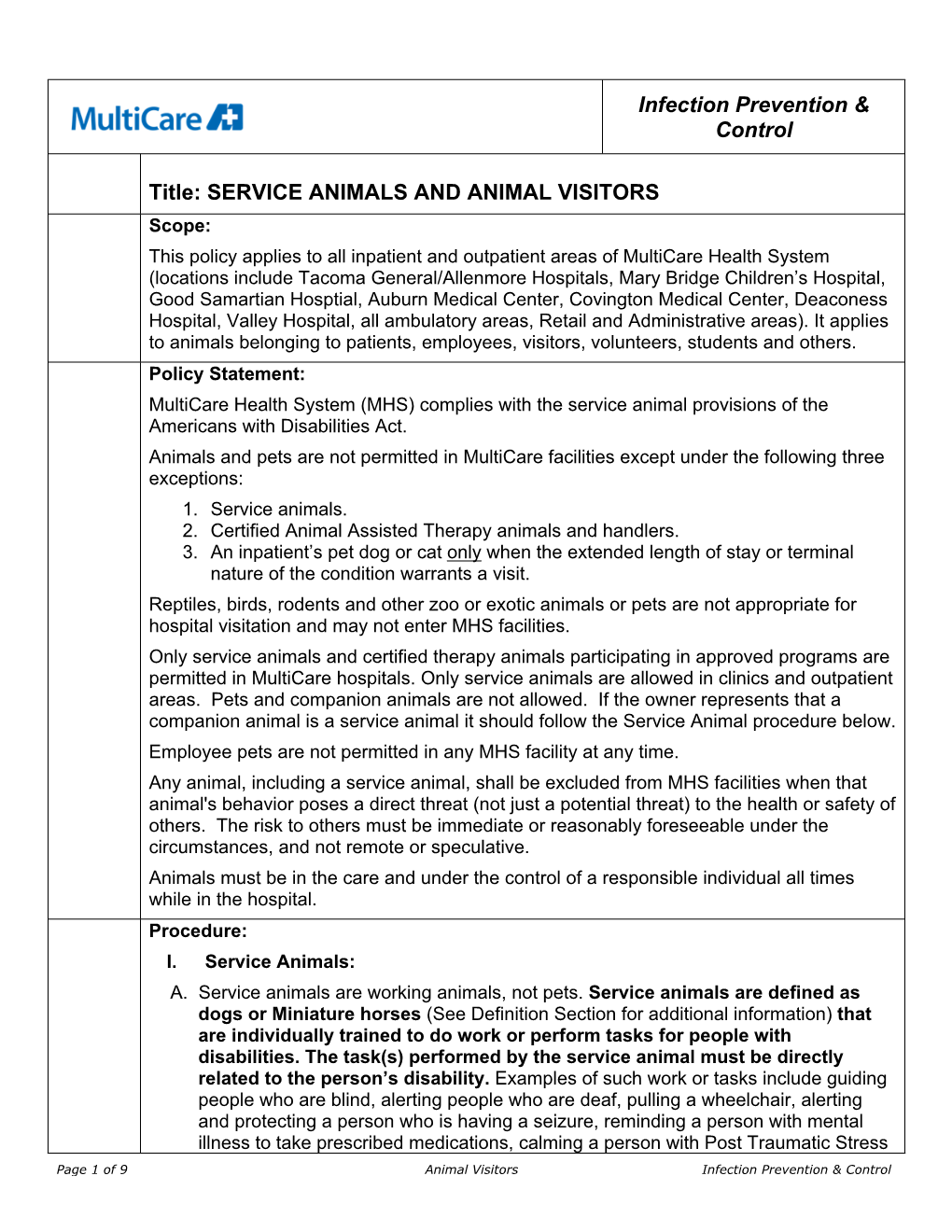 Infection Prevention & Control Title: SERVICE ANIMALS