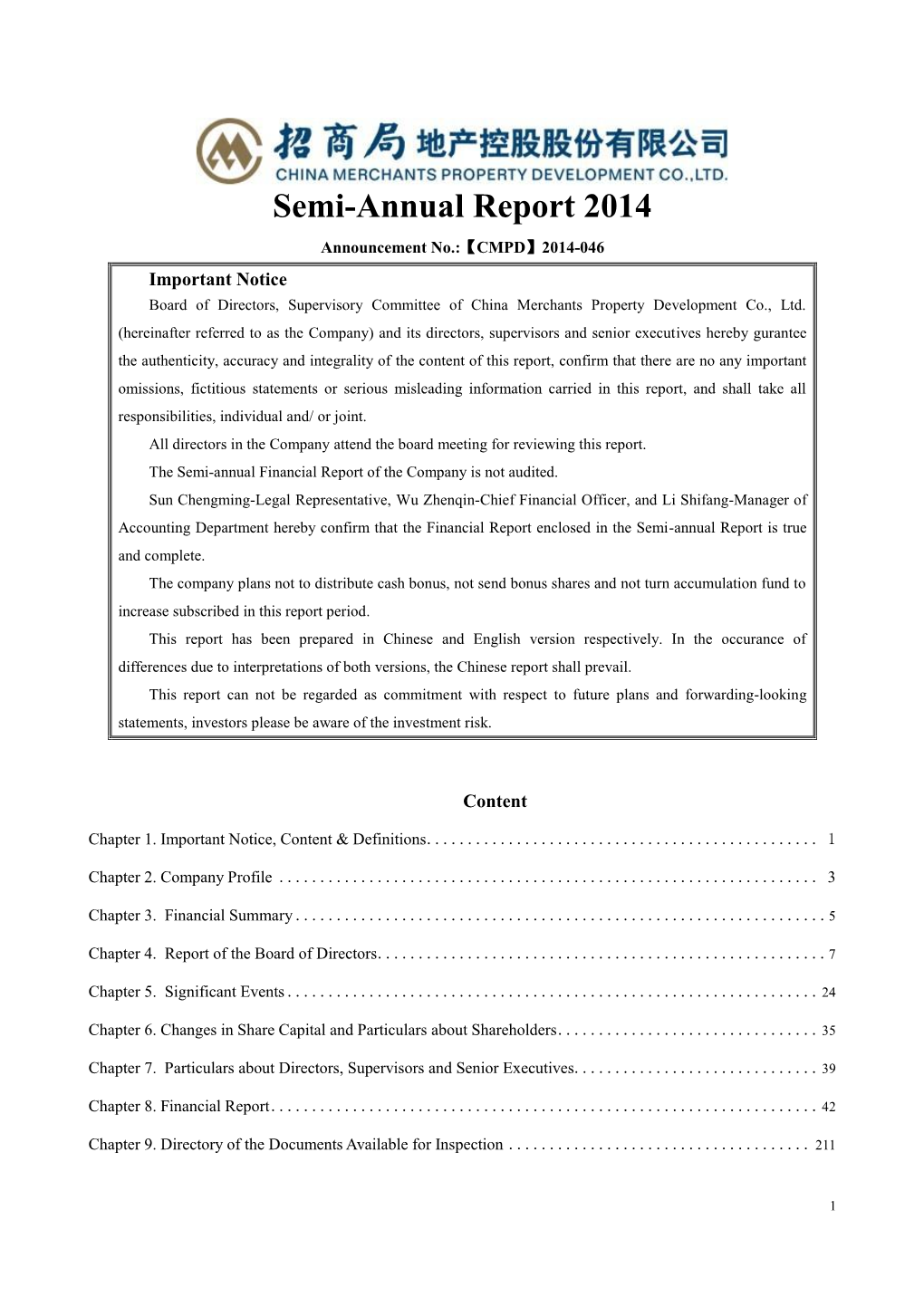 Semi-Annual Report 2014 Announcement No.:【CMPD】2014-046