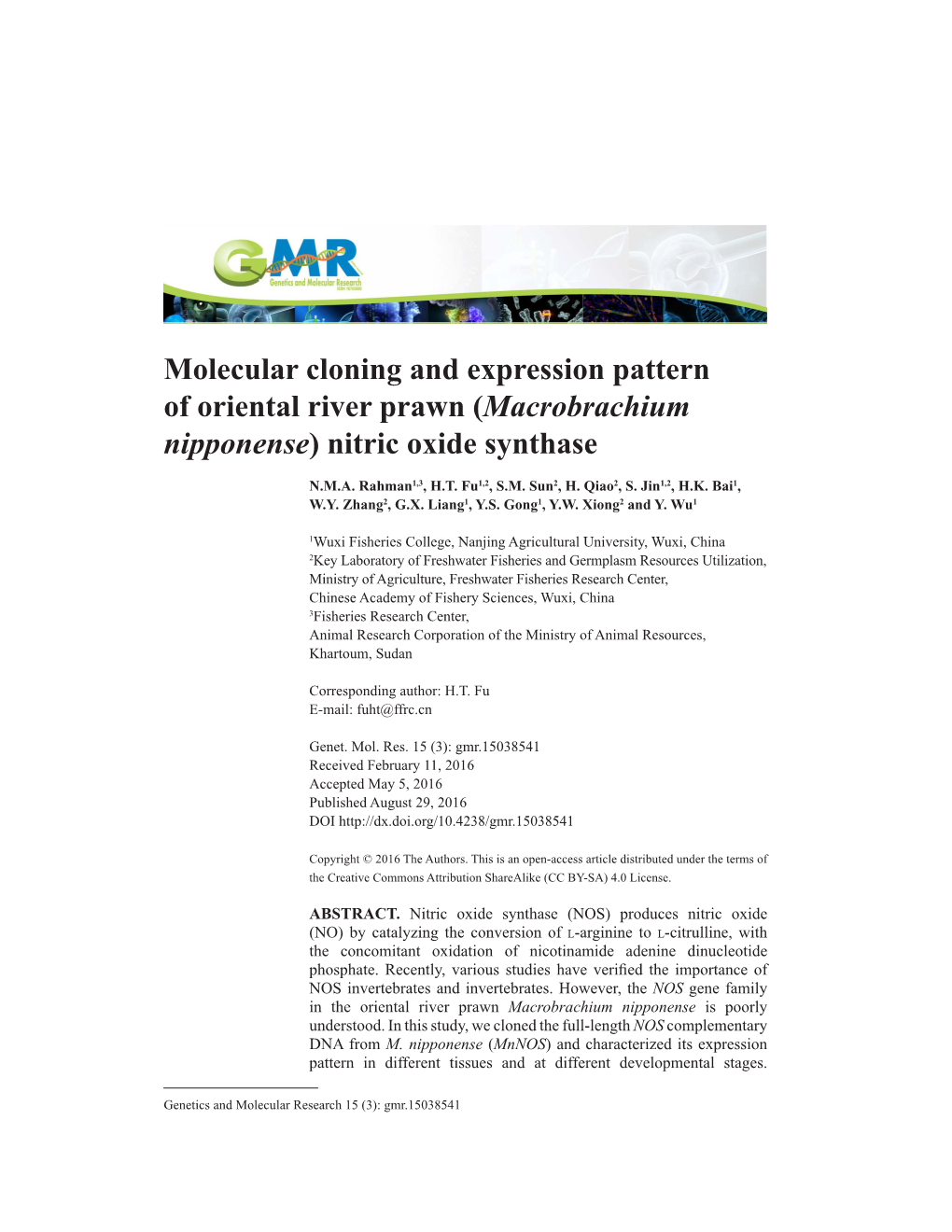 Molecular Cloning and Expression Pattern of Oriental River Prawn (Macrobrachium Nipponense) Nitric Oxide Synthase