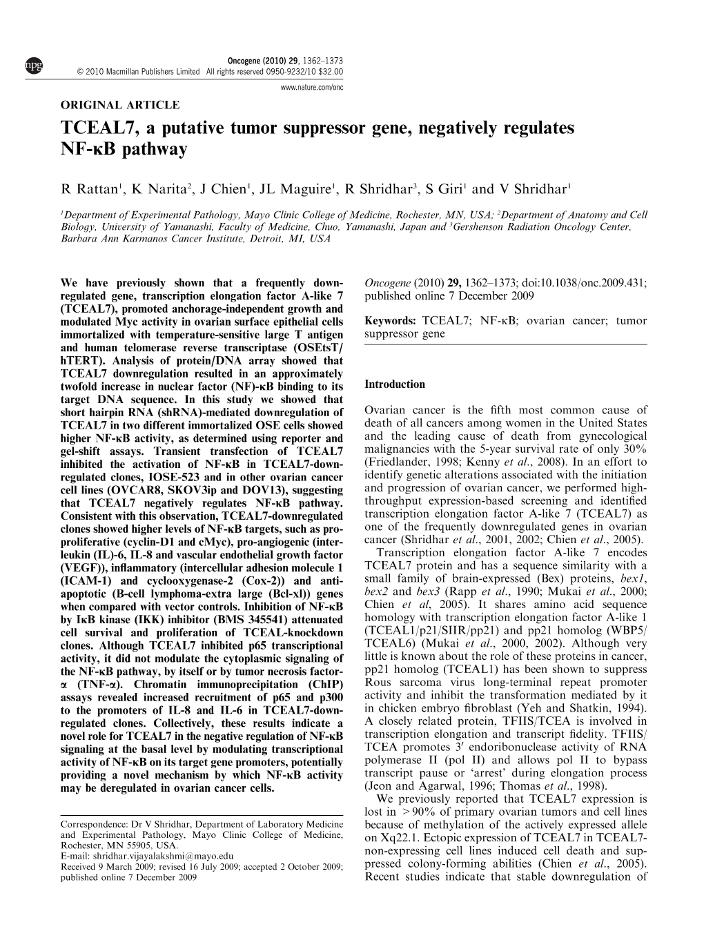 TCEAL7, a Putative Tumor Suppressor Gene, Negatively Regulates NF-Jb Pathway