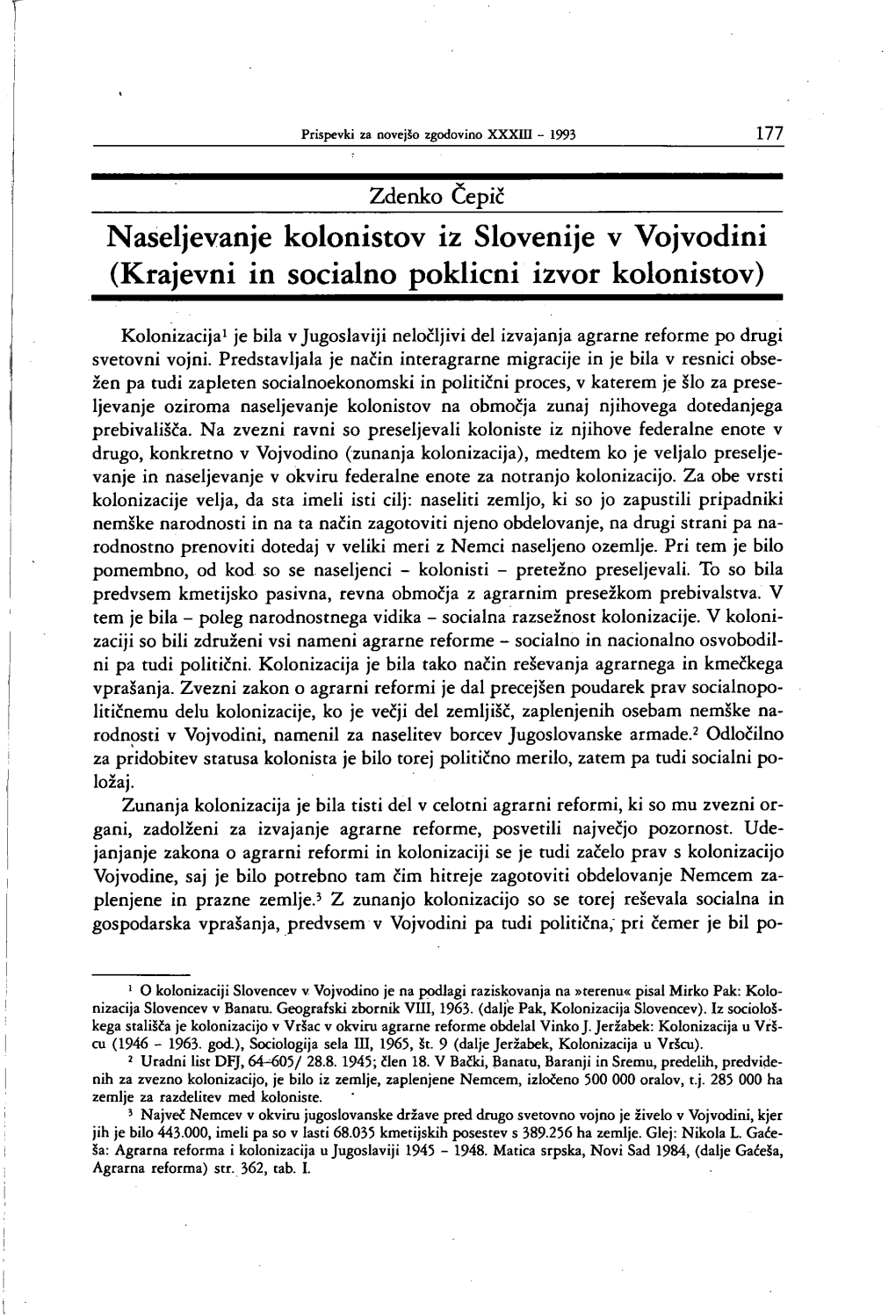 Naseljevanje Kolonistov Iz Slovenije V Vojvodini (Krajevni in Socialno Poklicni Izvor Kolonistov)