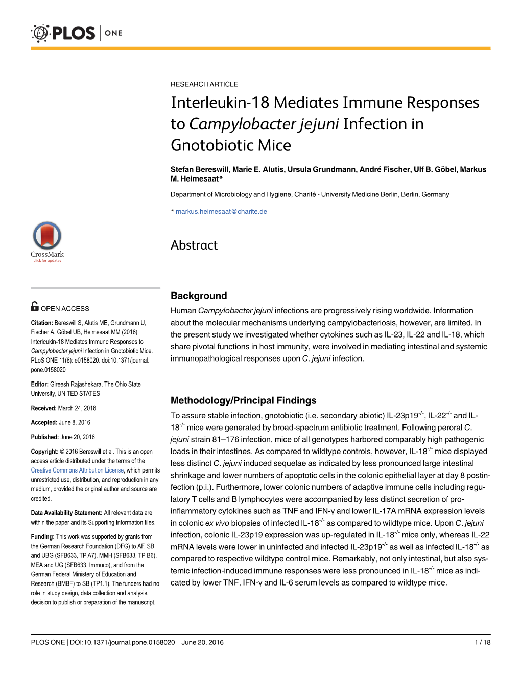 Interleukin-18 Mediates Immune Responses to Campylobacter Jejuni Infection in Gnotobiotic Mice