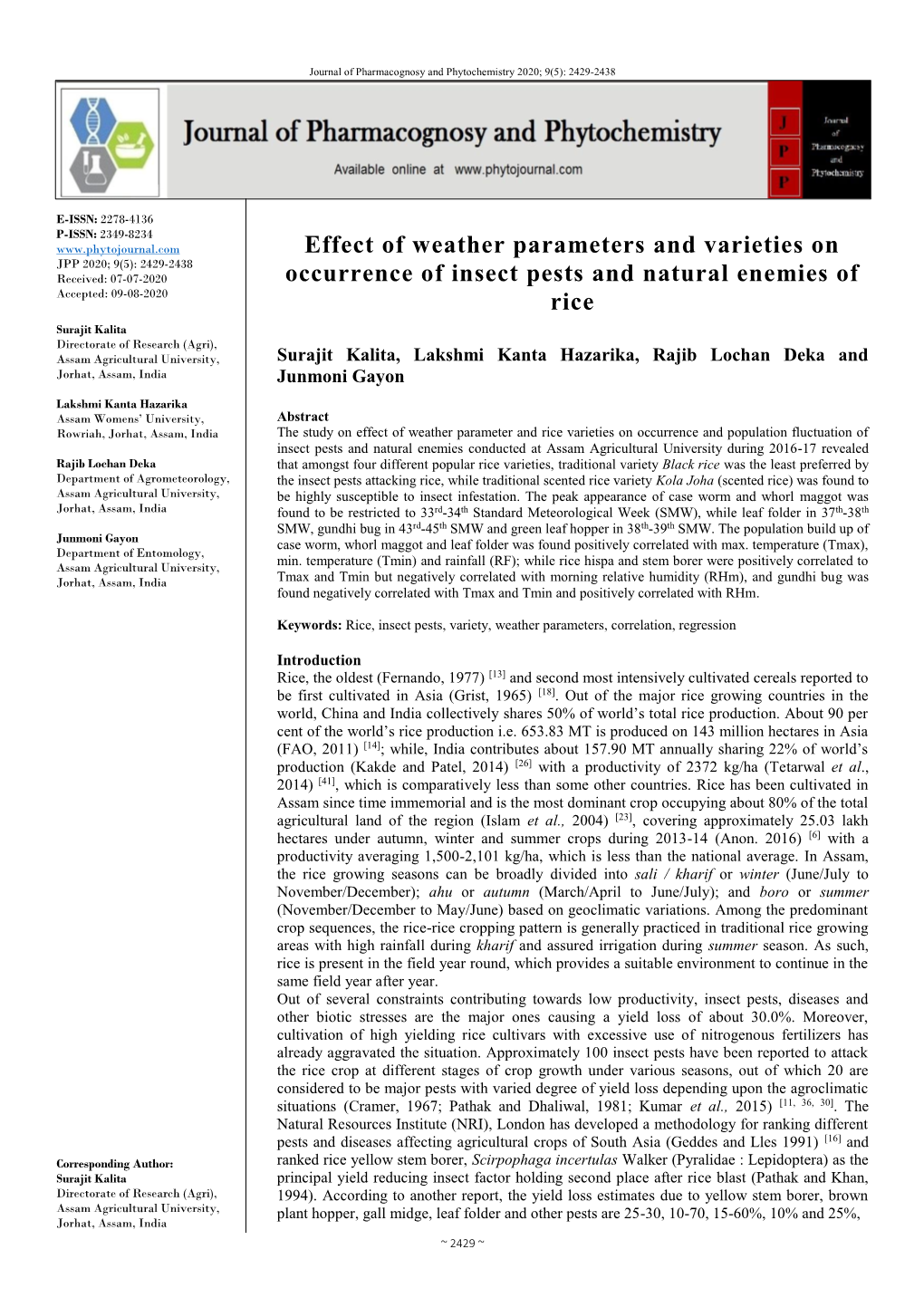 Effect of Weather Parameters and Varieties on Occurrence of Insect Pests and Natural Enemies of Rice