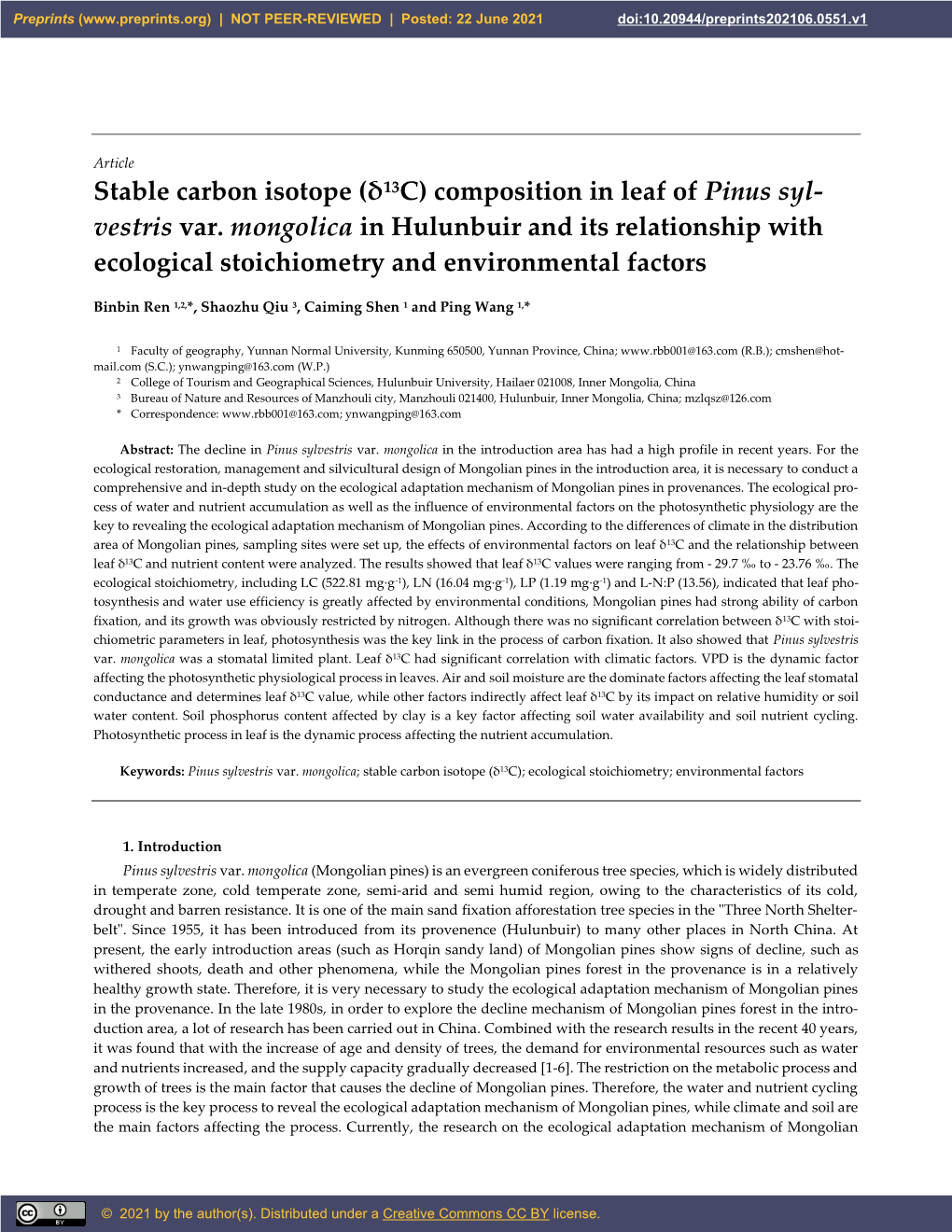 Stable Carbon Isotope (Δ13c) Composition in Leaf of Pinus Syl- Vestris Var. Mongolica in Hulunbuir and Its Relationship with Ec