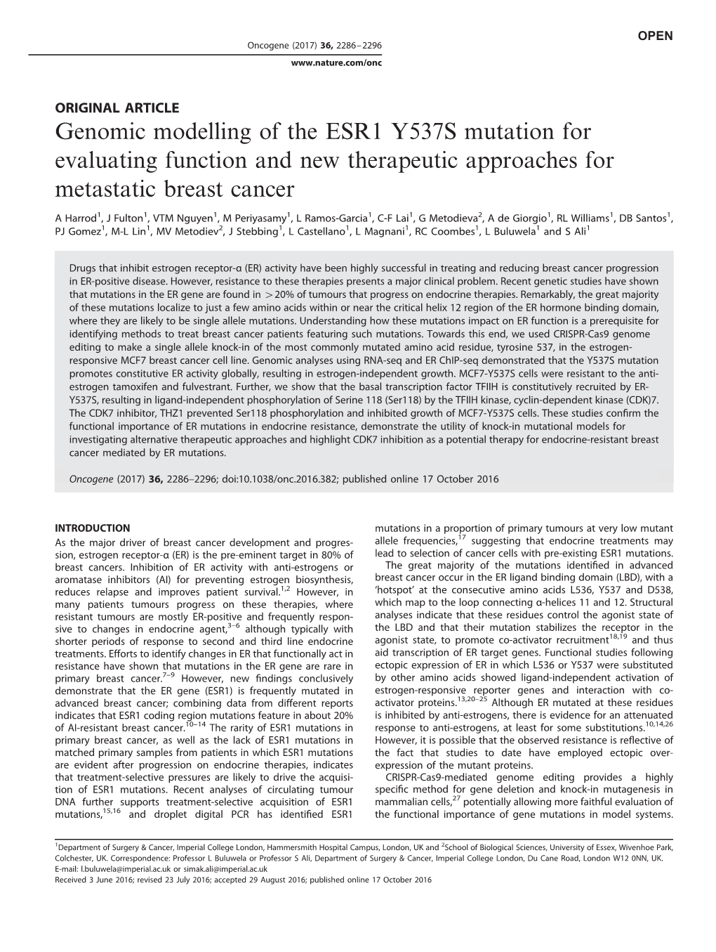 Genomic Modelling of the ESR1 Y537S Mutation for Evaluating Function and New Therapeutic Approaches for Metastatic Breast Cancer