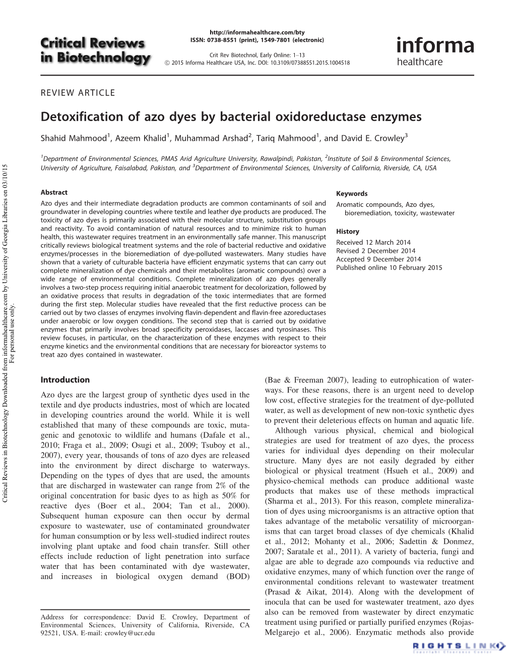 Detoxification of Azo Dyes by Bacterial Oxidoreductase Enzymes