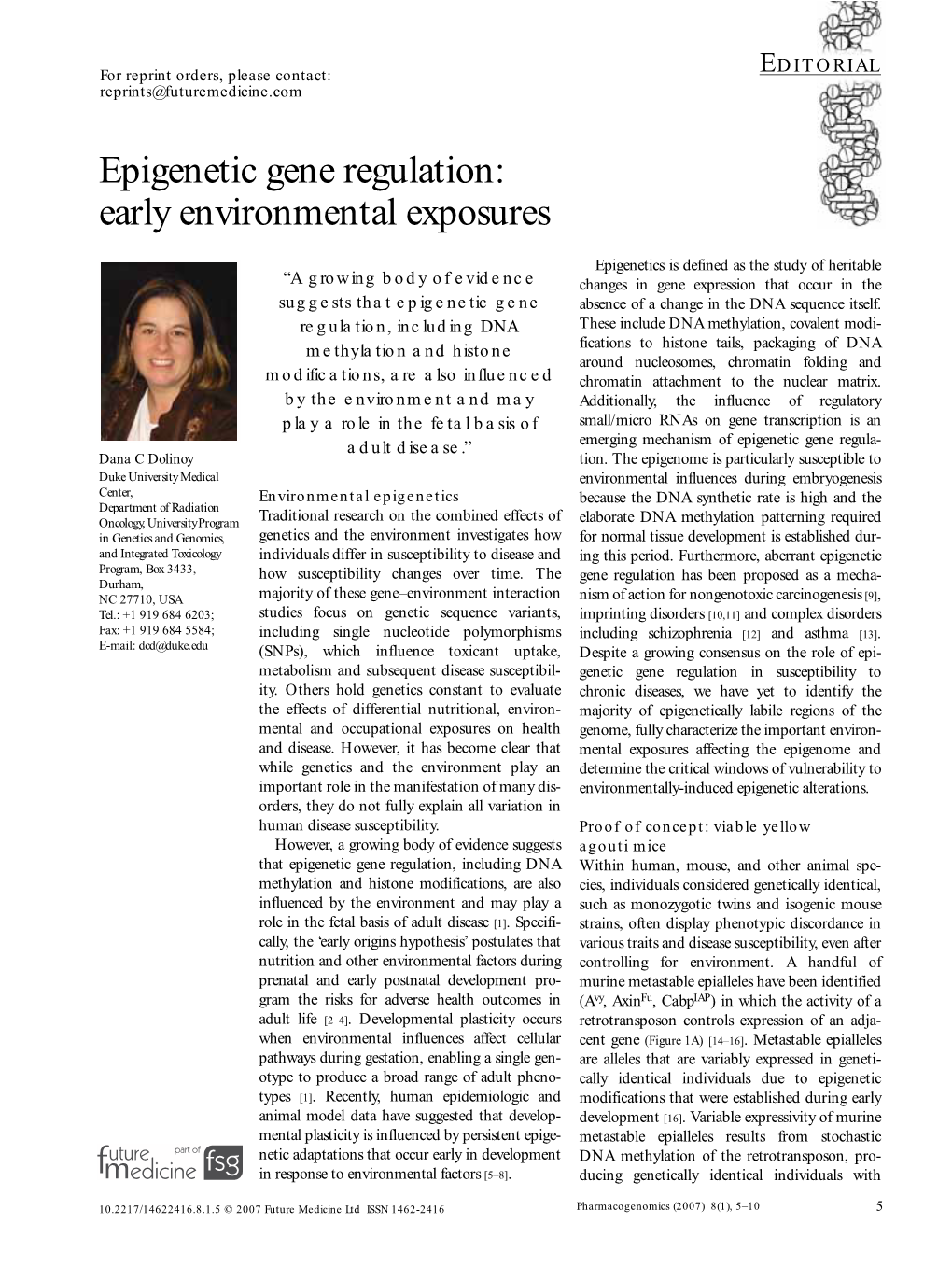 Epigenetic Gene Regulation: Early Environmental Exposures