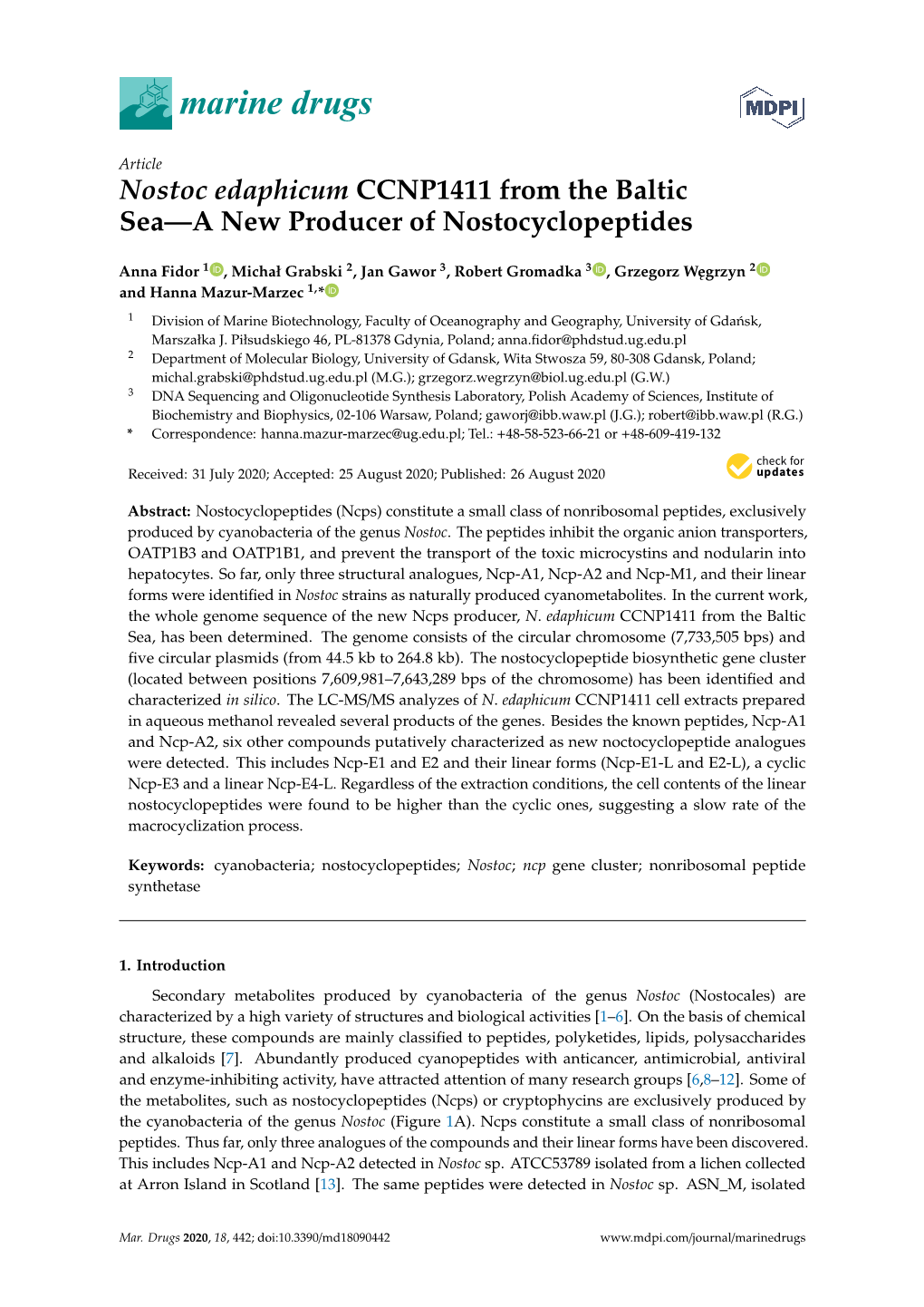 Nostoc Edaphicum CCNP1411 from the Baltic Sea—A New Producer of Nostocyclopeptides